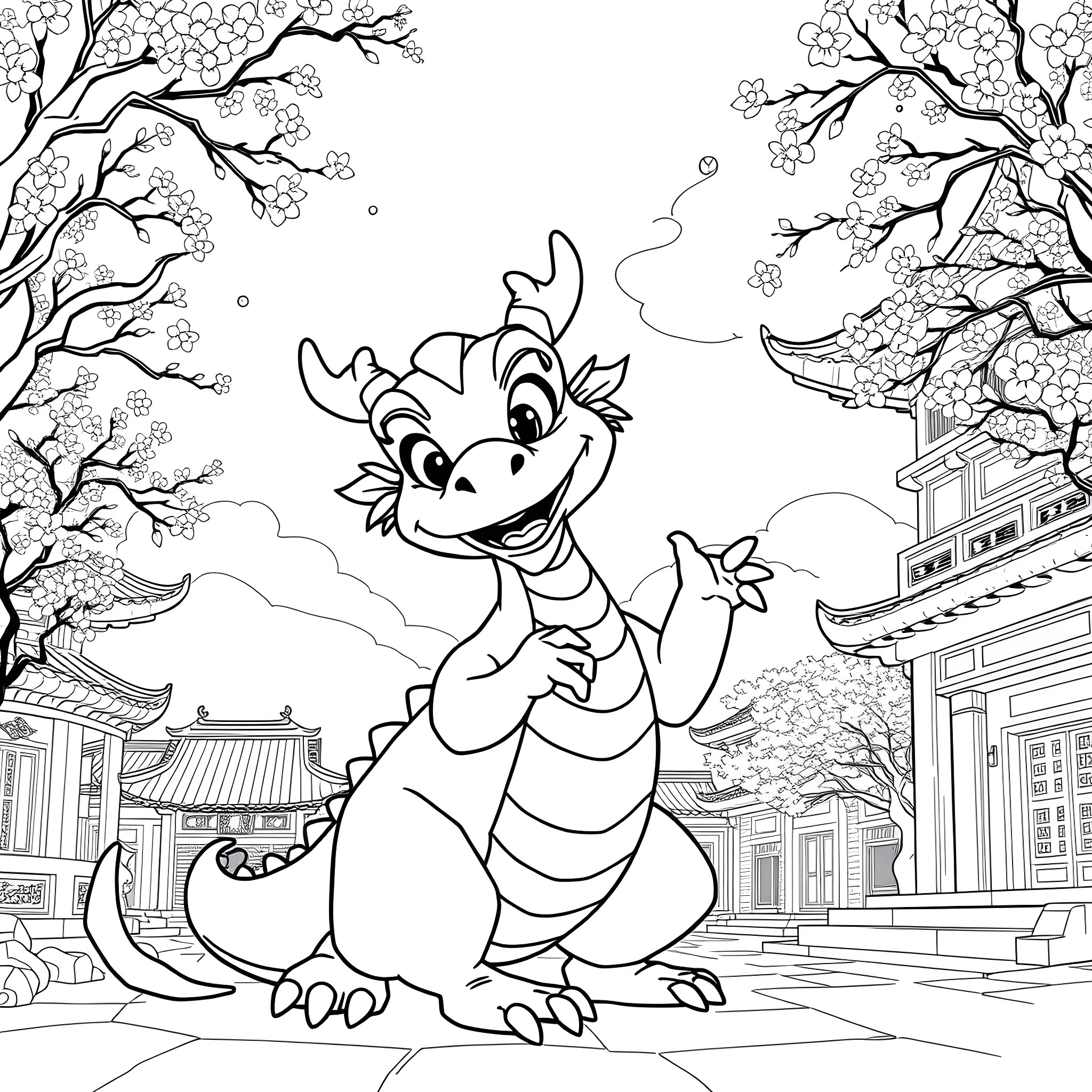 Mushu the Friendly Dragon in a Cherry Blossom Garden Coloring Page (free black-and-white line drawing printable PDF for all, from beginners to advanced learners, including children, teens, adults, and seniors)