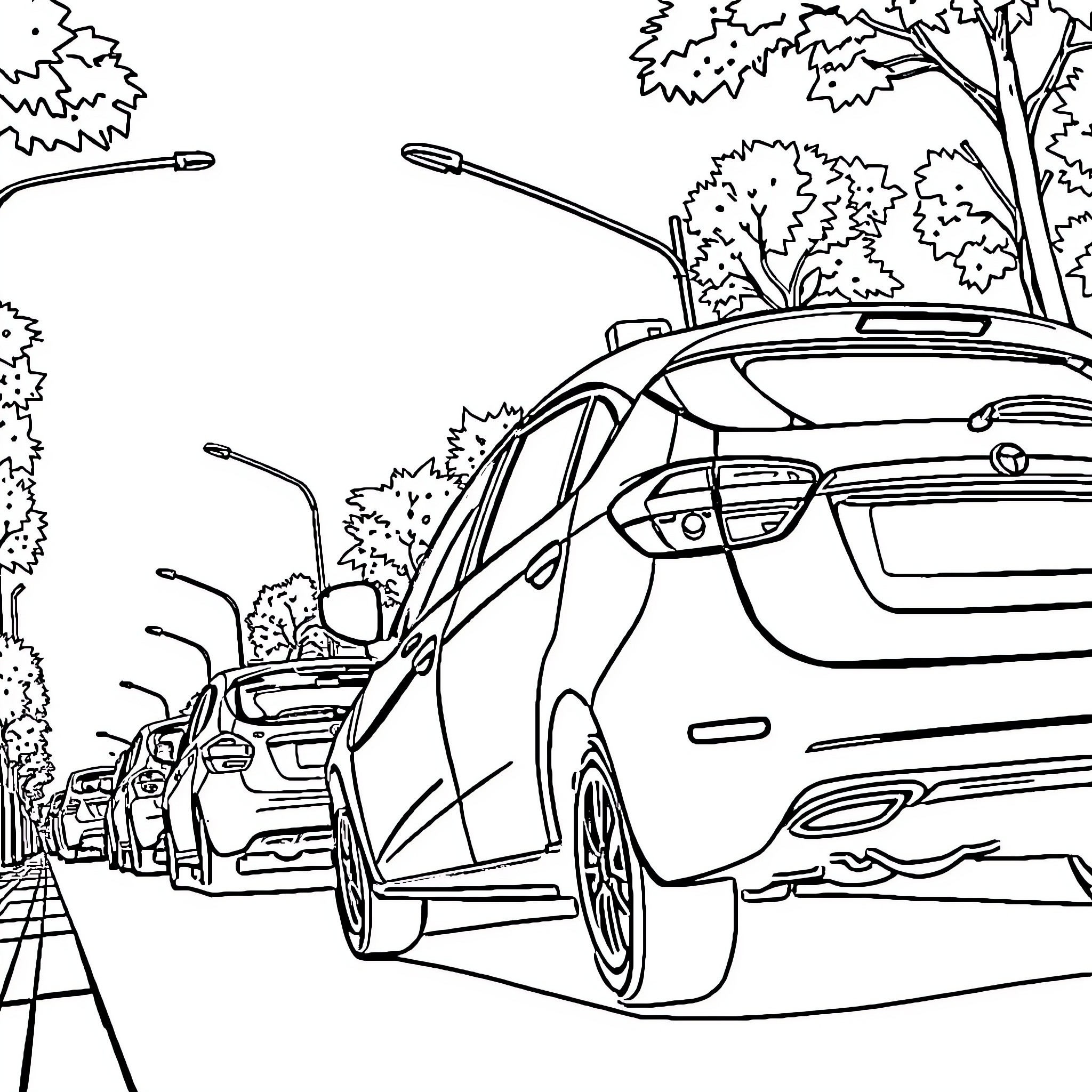 Mobil cars on the city street Coloring Page (free black-and-white line drawing printable PDF for all, from beginners to advanced learners, including children, teens, adults, and seniors)