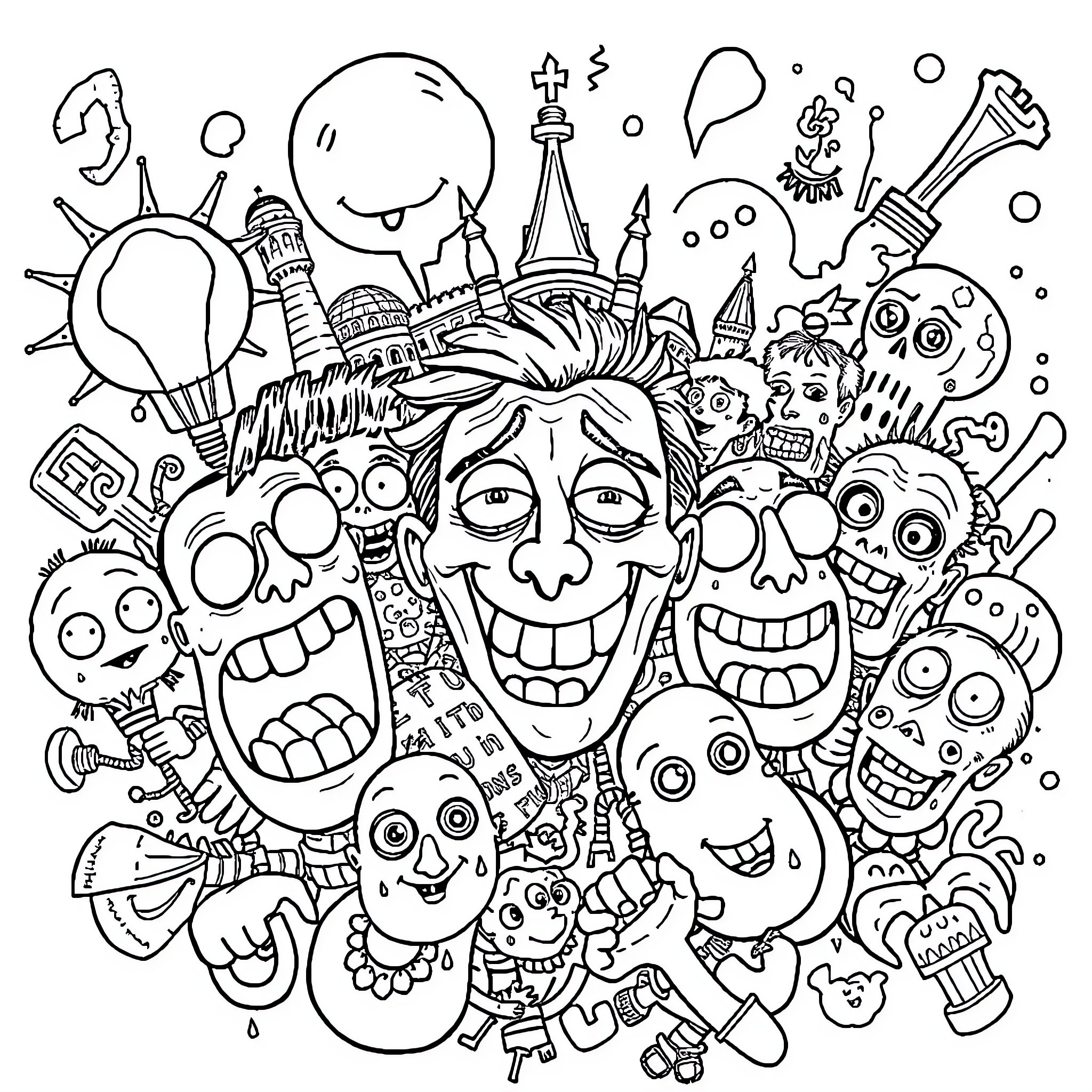 Italian Brainrot: A Chaotic Carnival of Bizarre Creatures Coloring Page (free black-and-white line drawing printable PDF for all, from beginners to advanced learners, including children, teens, adults, and seniors)