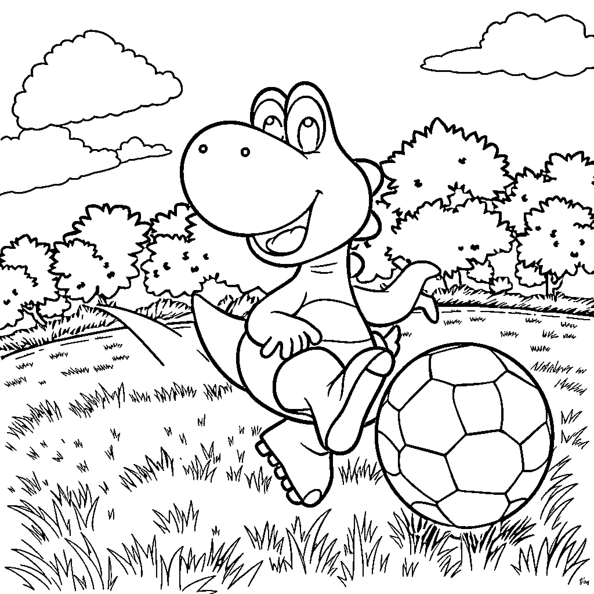 Yoshi playing happily with soccer ball in the park Coloring Page (free black-and-white line drawing printable PDF for all, from beginners to advanced learners, including children, teens, adults, and seniors)