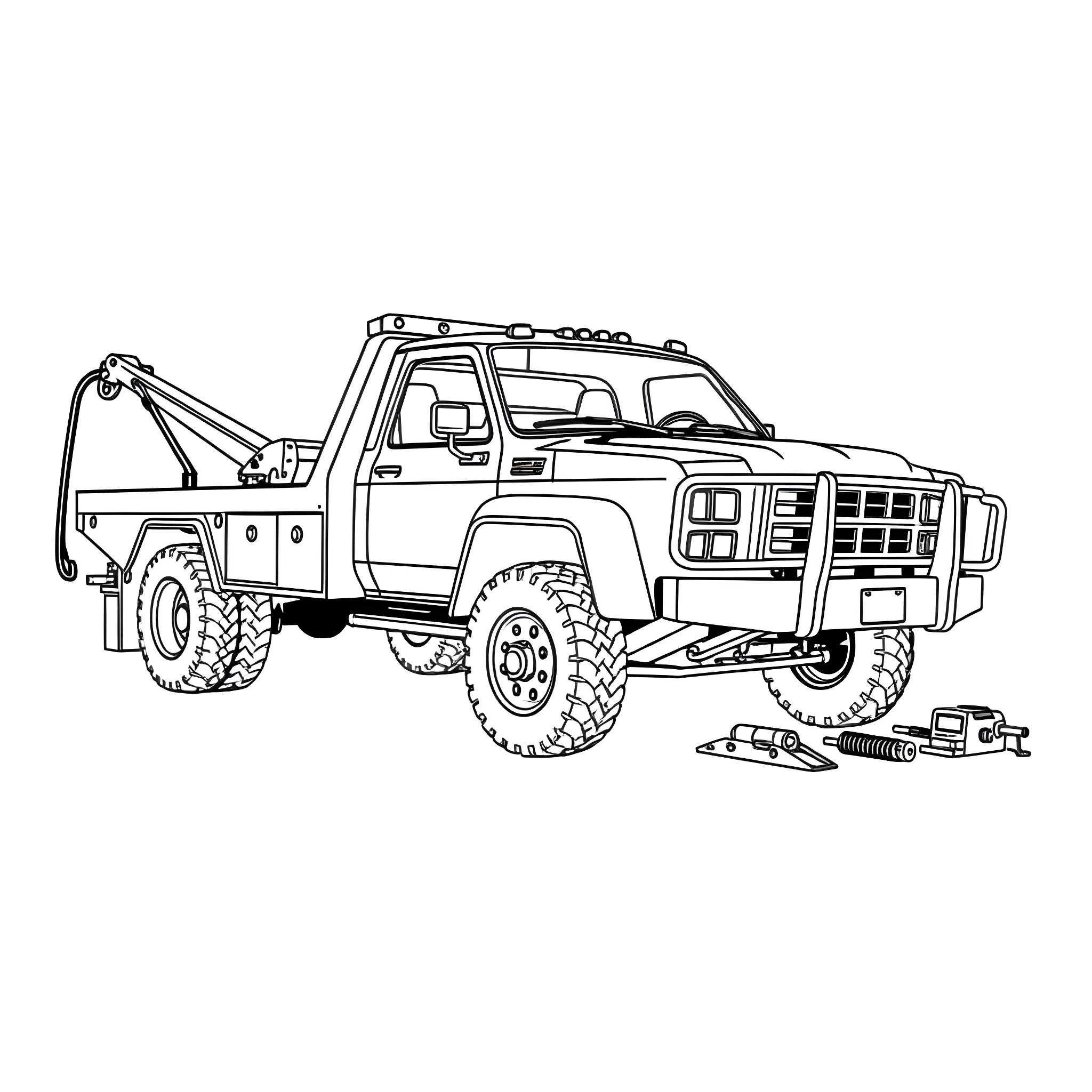 Wrecker Truck Hauling Heavy-Duty Off-Road Vehicle Coloring Page (free black-and-white line drawing printable PDF for all, from beginners to advanced learners, including children, teens, adults, and seniors)