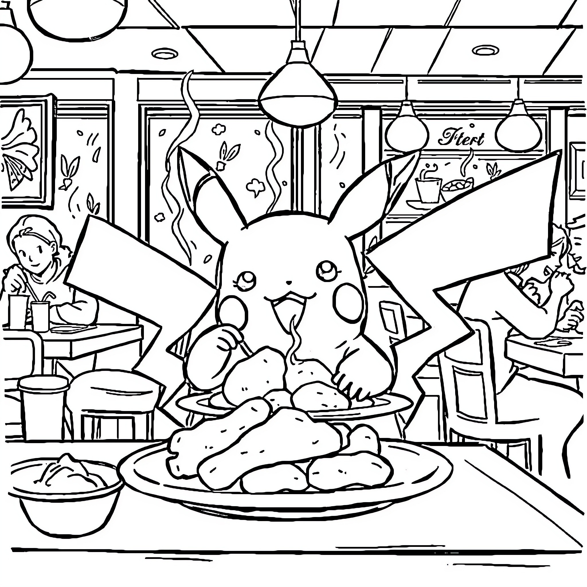 Pikachu enjoying a delightful meal in a cozy cafe Coloring Page (free black-and-white line drawing printable PDF for all, from beginners to advanced learners, including children, teens, adults, and seniors)