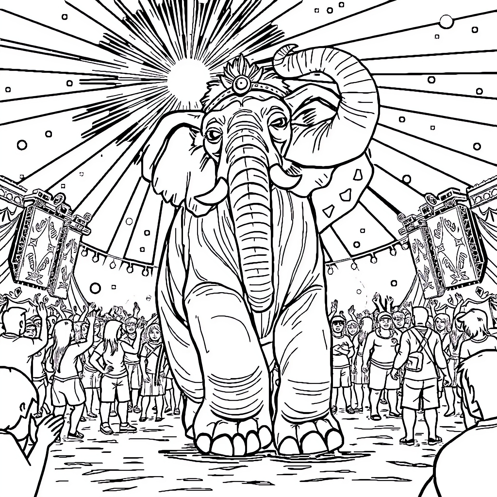 Elephant showcasing tribal costume and celebration Coloring Page (free black-and-white line drawing printable PDF for all, from beginners to advanced learners, including children, teens, adults, and seniors)