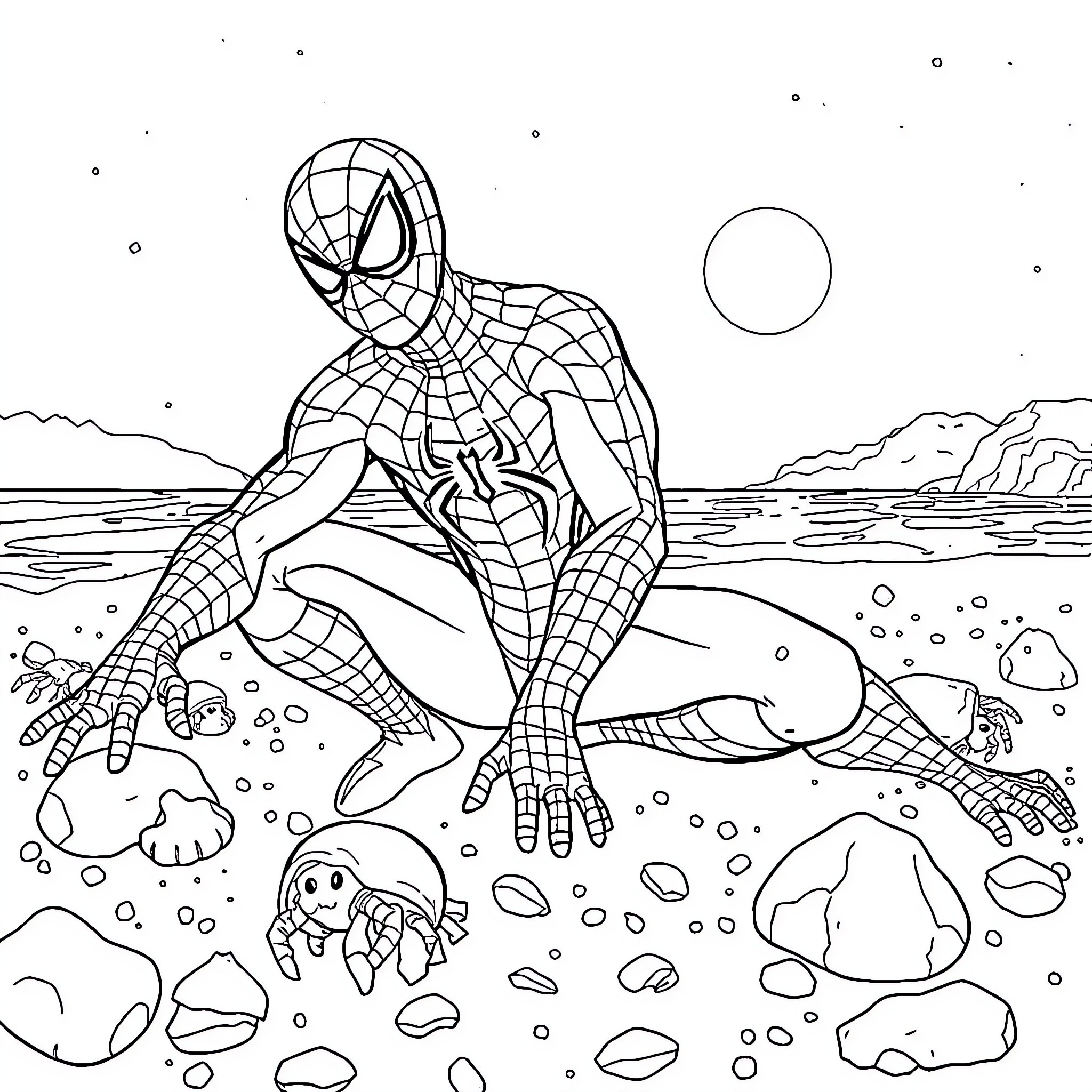 Spiderman exploring the underwater world Coloring Page (free black-and-white line drawing printable PDF for all, from beginners to advanced learners, including children, teens, adults, and seniors)