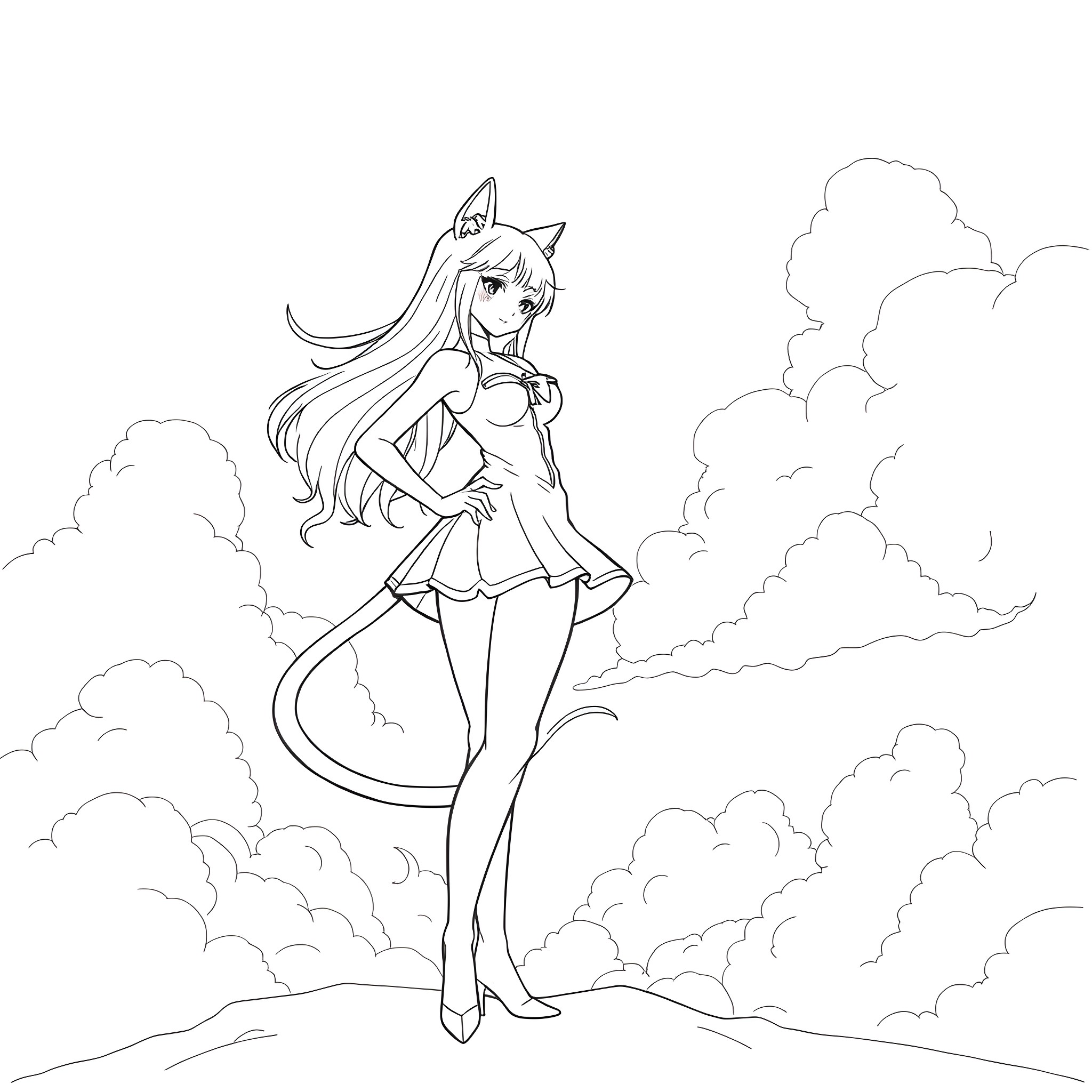 Catgirl in the Clouds Coloring Page (free black-and-white line drawing printable PDF for all, from beginners to advanced learners, including children, teens, adults, and seniors)
