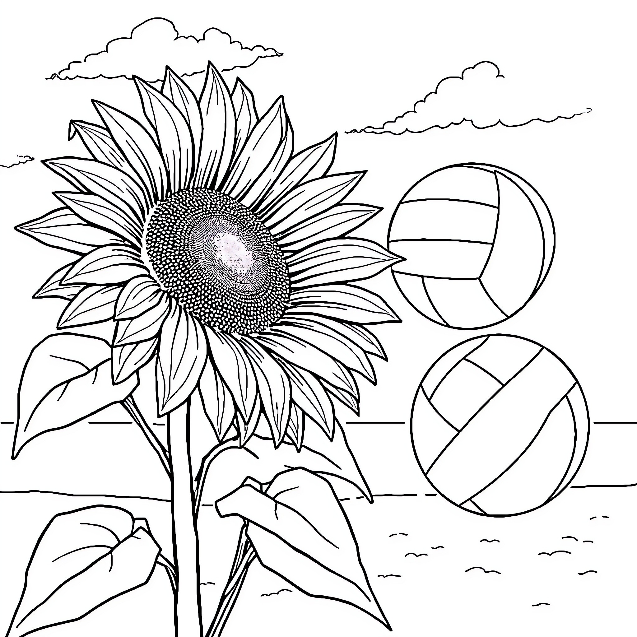 Sunflower with Volleyballs in Field Coloring Page (free black-and-white line drawing printable PDF for all, from beginners to advanced learners, including children, teens, adults, and seniors)