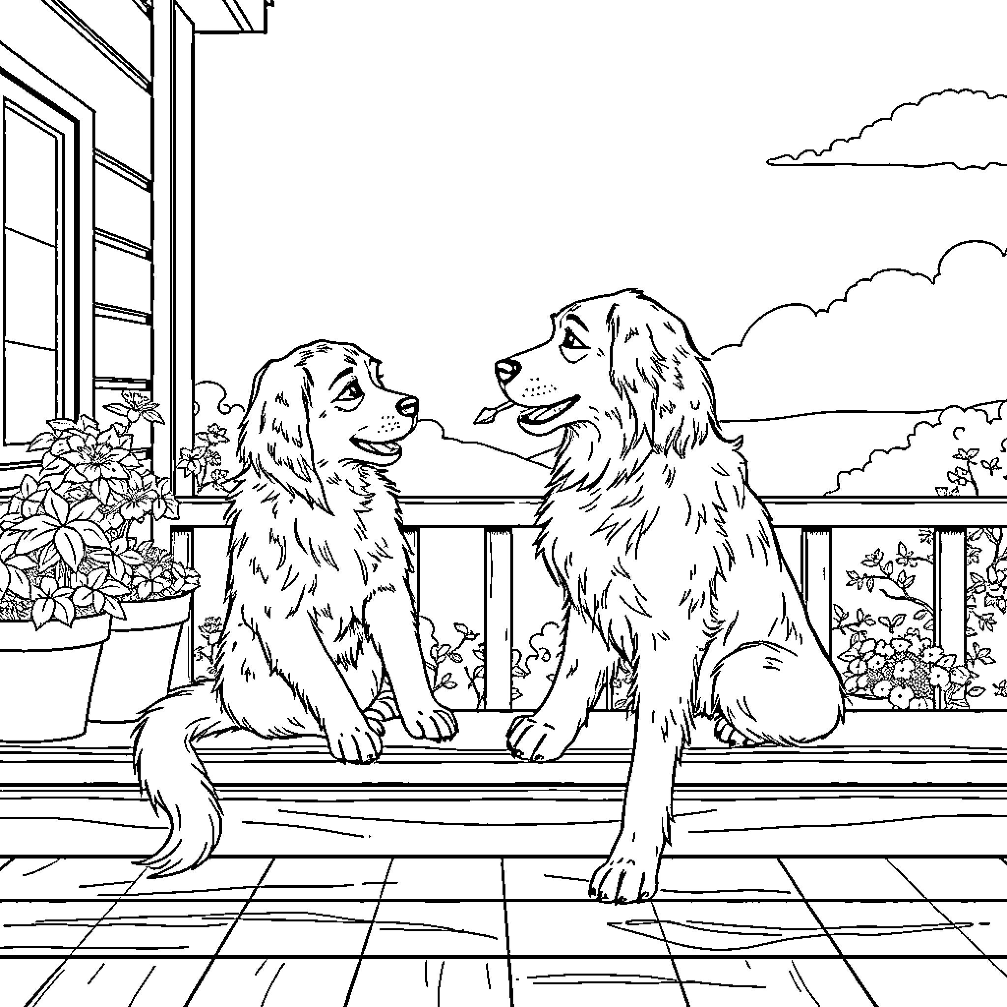 Jumeau: Canine companions enjoying the outdoors Coloring Page (free black-and-white line drawing printable PDF for all, from beginners to advanced learners, including children, teens, adults, and seniors)