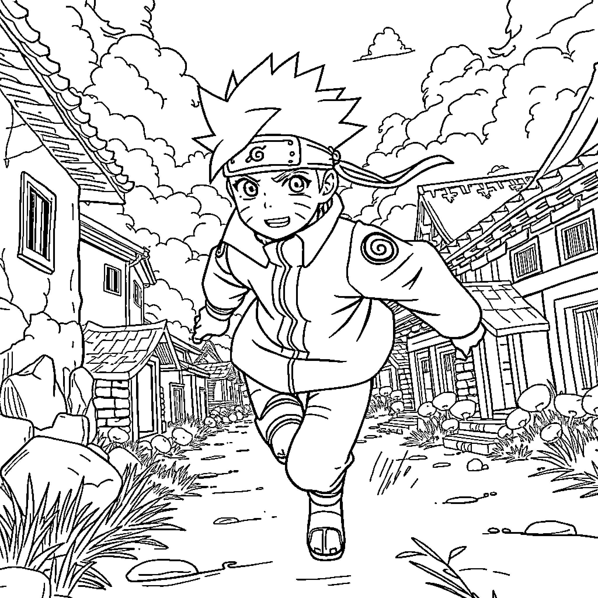 Naruto racing through the village in action Coloring Page (free black-and-white line drawing printable PDF for all, from beginners to advanced learners, including children, teens, adults, and seniors)