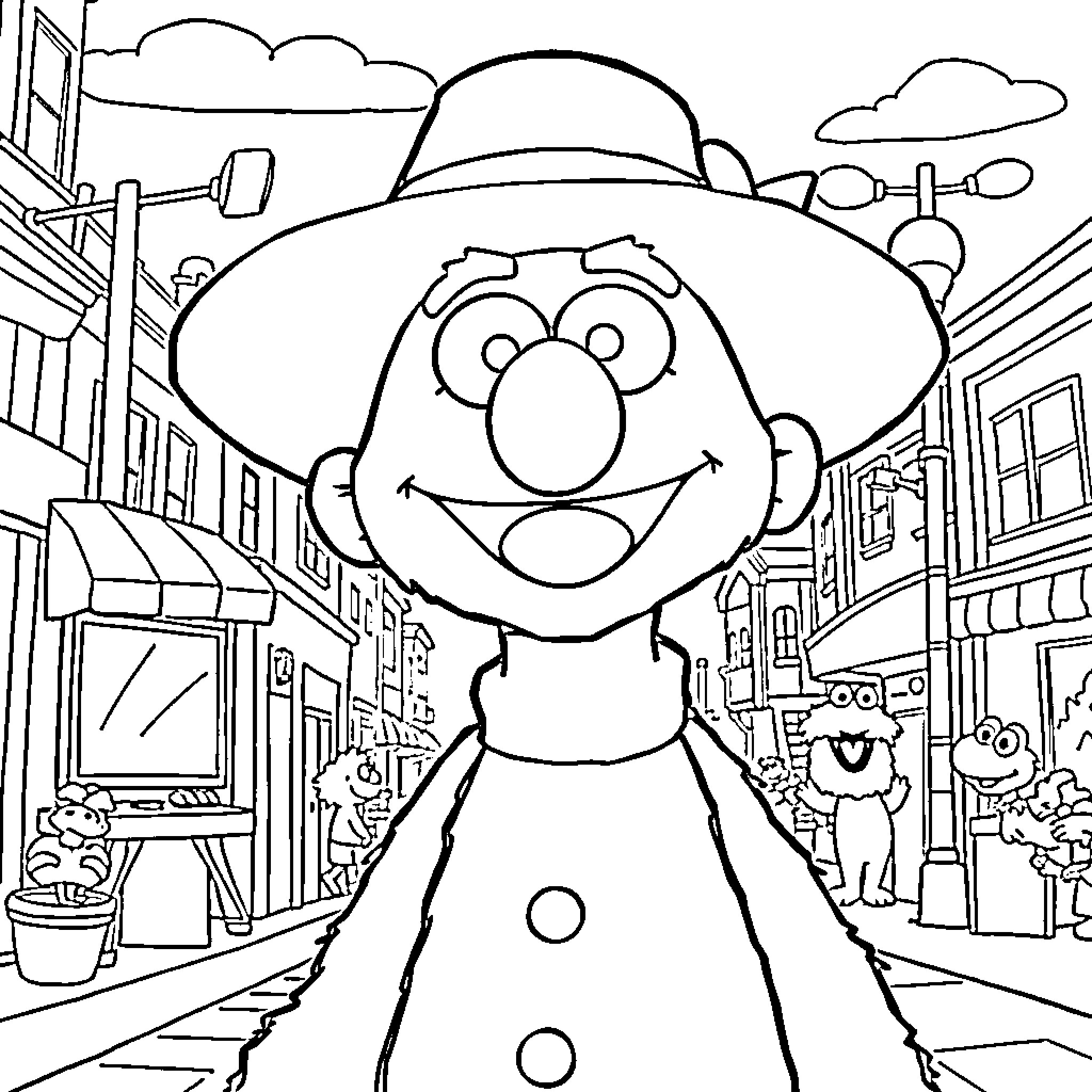 Elias Exploring the Vibrant Town Coloring Page (free black-and-white line drawing printable PDF for all, from beginners to advanced learners, including children, teens, adults, and seniors)