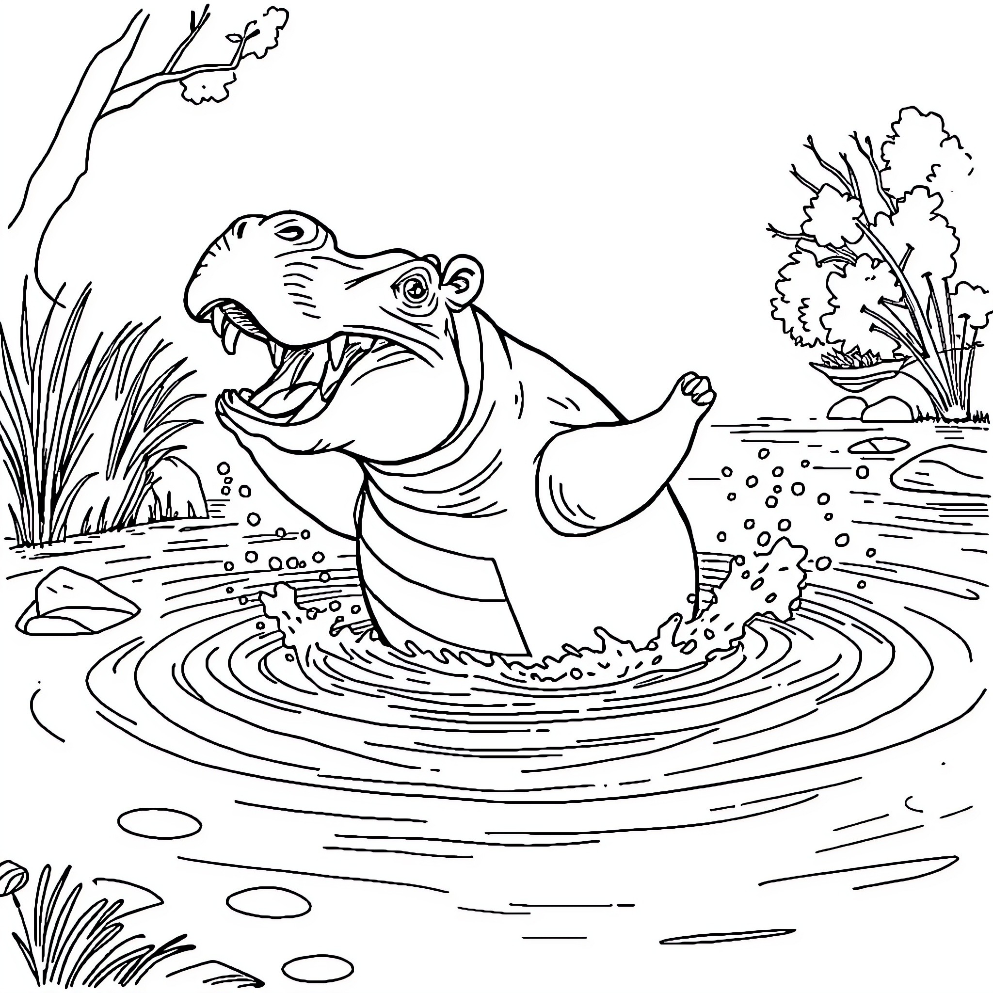 Hippopotamus Splashing in the Pond Coloring Page (free black-and-white line drawing printable PDF for all, from beginners to advanced learners, including children, teens, adults, and seniors)