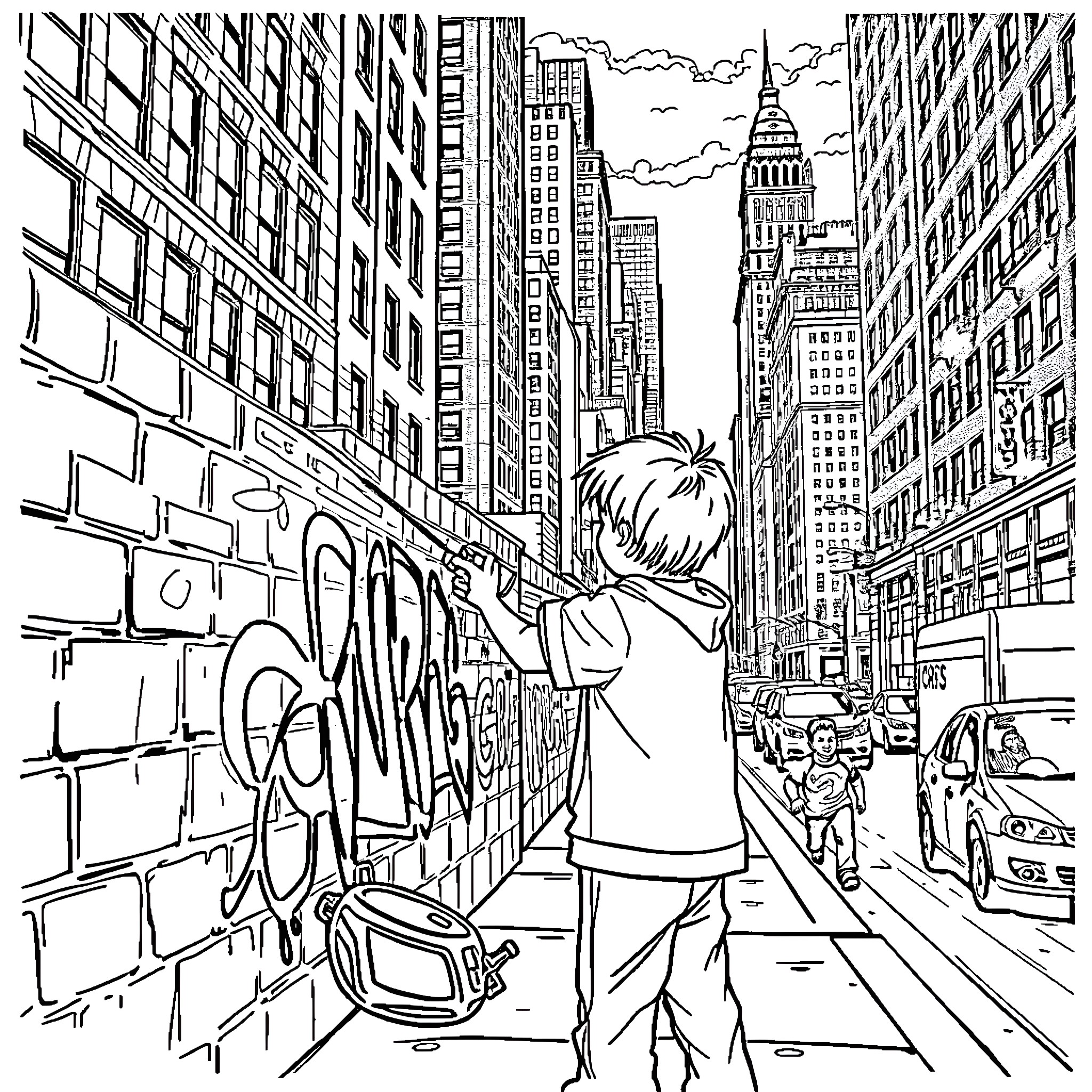 Kid explores the vibrant city streets Coloring Page (free black-and-white line drawing printable PDF for all, from beginners to advanced learners, including children, teens, adults, and seniors)