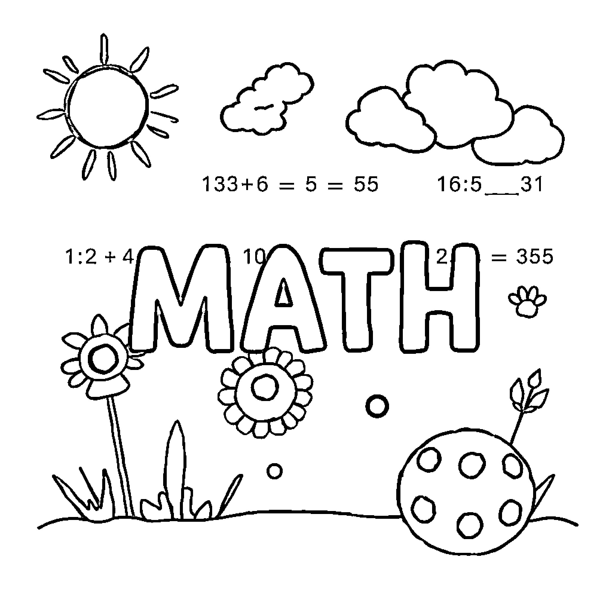Math Imagery with Flowers, Clouds, and Calculations Coloring Page (free black-and-white line drawing printable PDF for all, from beginners to advanced learners, including children, teens, adults, and seniors)