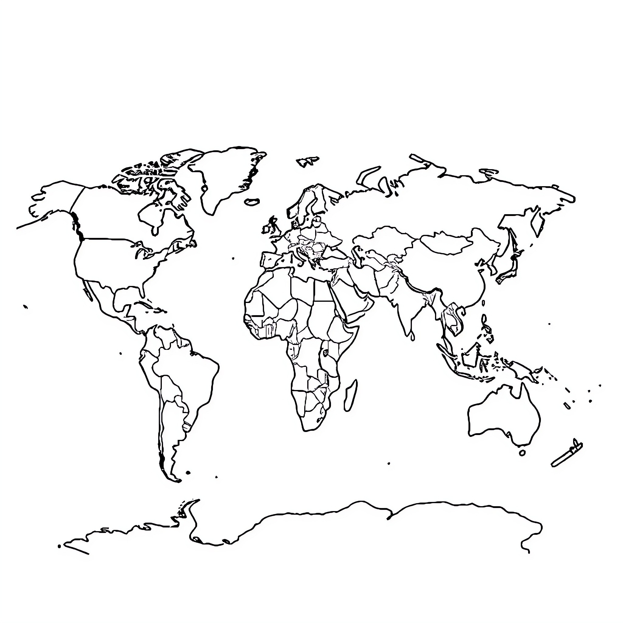 Worldmap showing diverse geographic regions Coloring Page (free black-and-white line drawing printable PDF for all, from beginners to advanced learners, including children, teens, adults, and seniors)