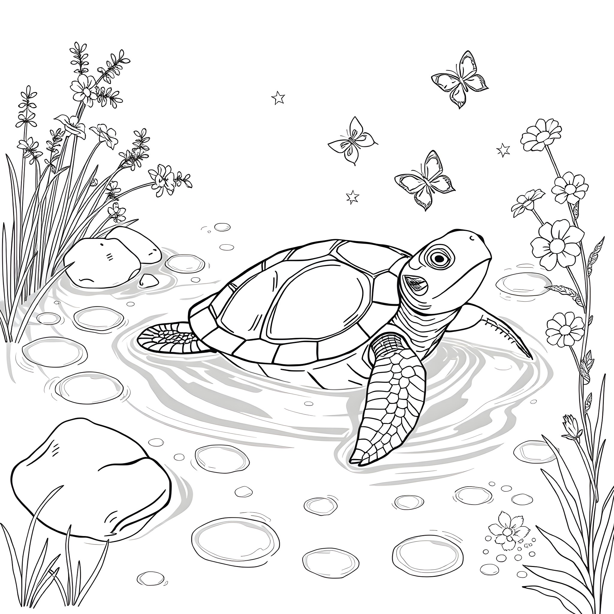 Turtle swimming happily in a garden pond Coloring Page (free black-and-white line drawing printable PDF for all, from beginners to advanced learners, including children, teens, adults, and seniors)