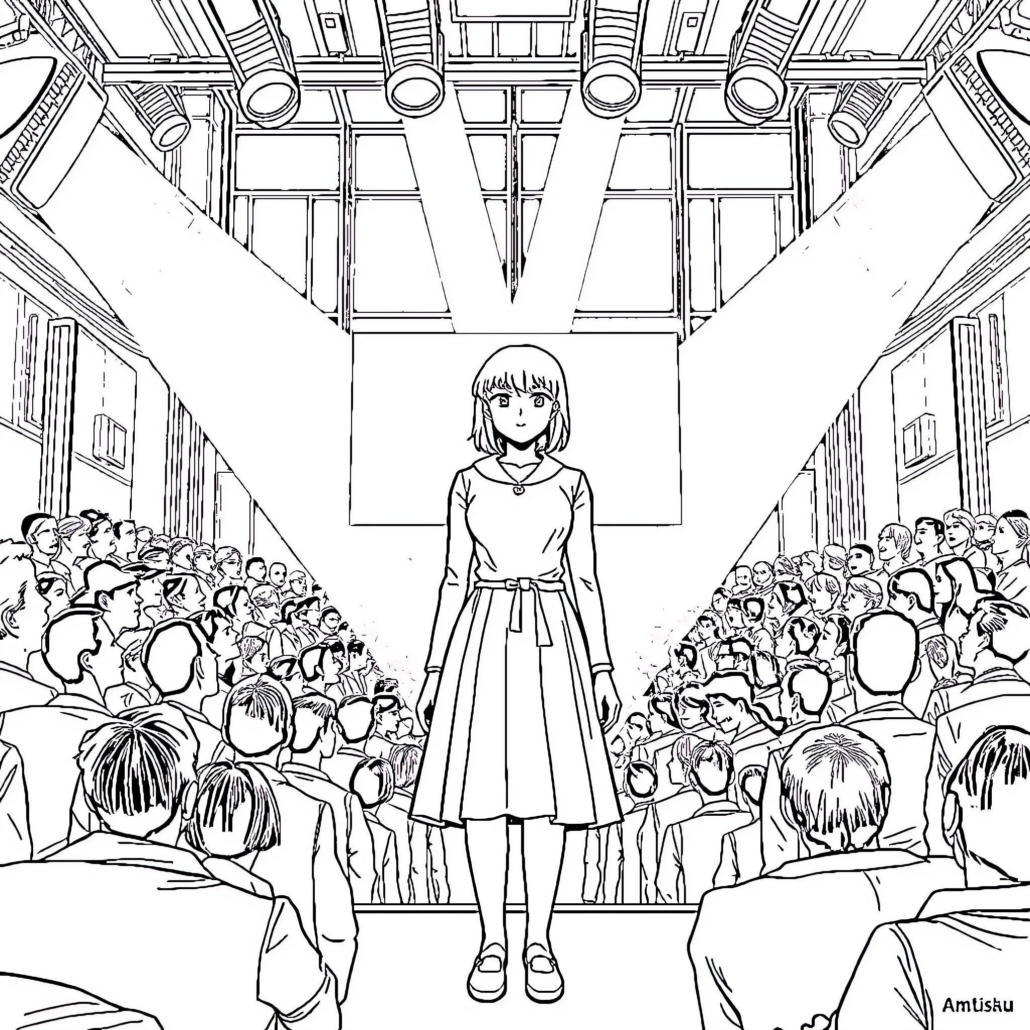 Haruka Sakurai standing confidently before a crowd Coloring Page (free black-and-white line drawing printable PDF for all, from beginners to advanced learners, including children, teens, adults, and seniors)