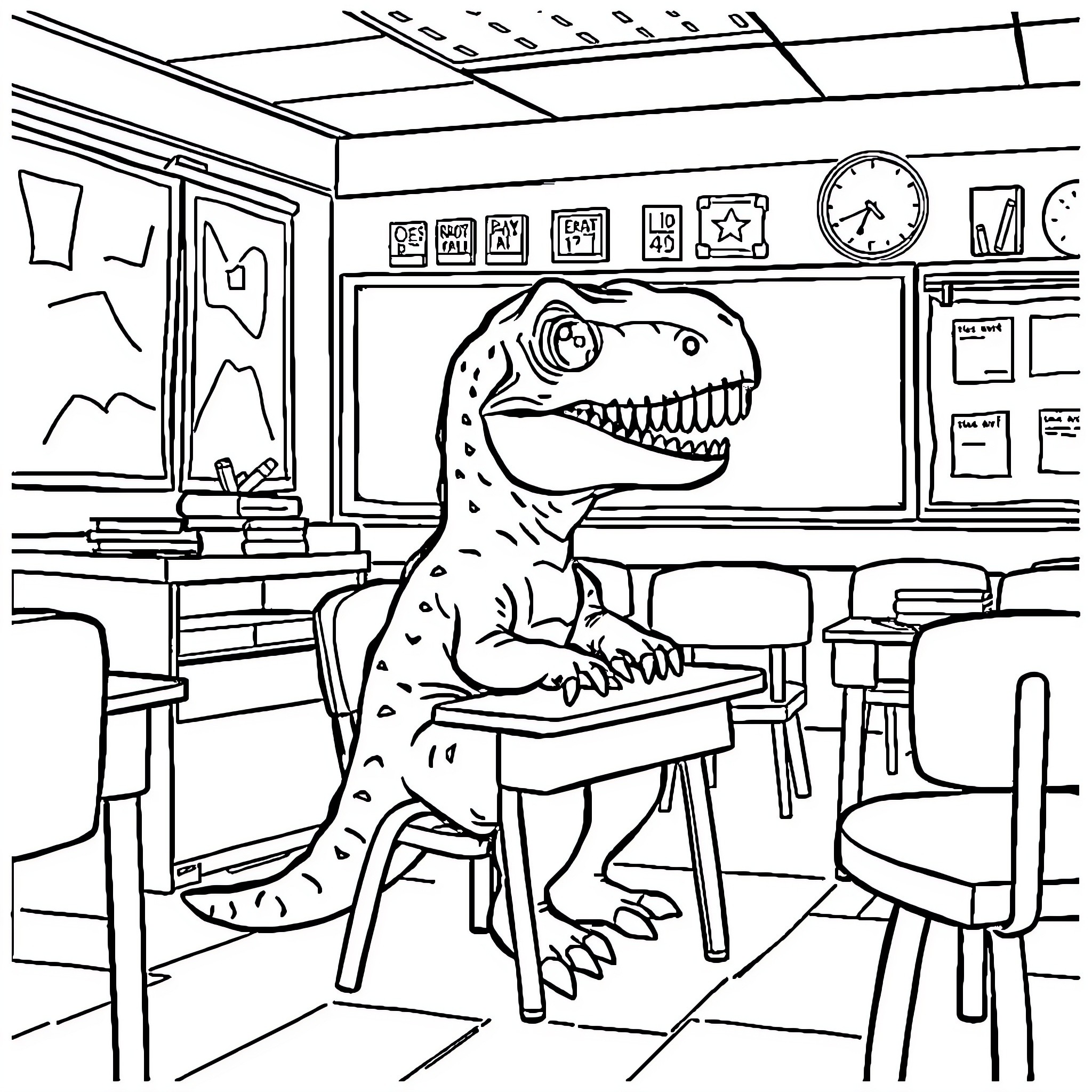 T-Rex in Classroom Surrounded by Desks and Supplies Coloring Page (free black-and-white line drawing printable PDF for all, from beginners to advanced learners, including children, teens, adults, and seniors)