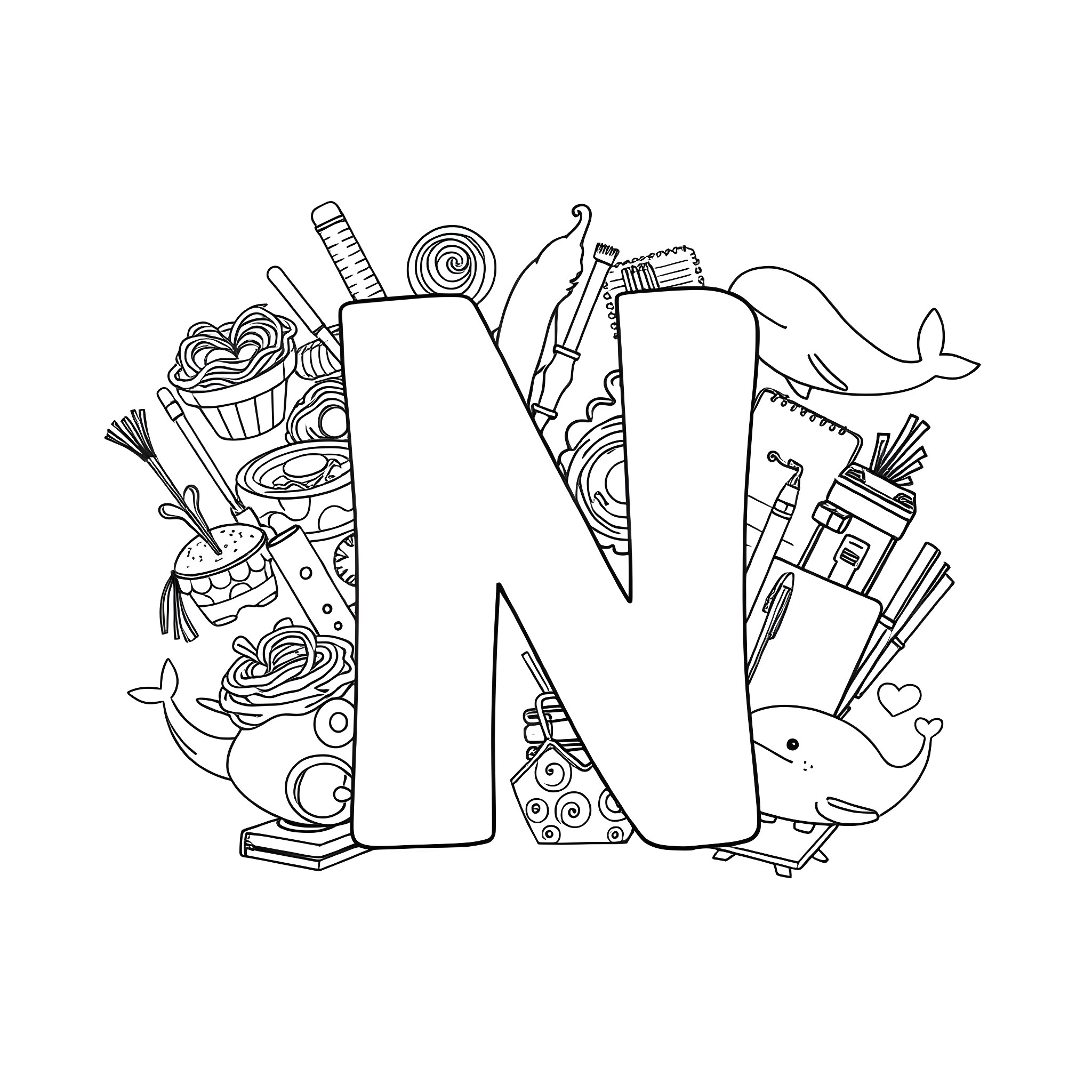 Letter N surrounded by various school and craft supplies Coloring Page (free black-and-white line drawing printable PDF for all, from beginners to advanced learners, including children, teens, adults, and seniors)