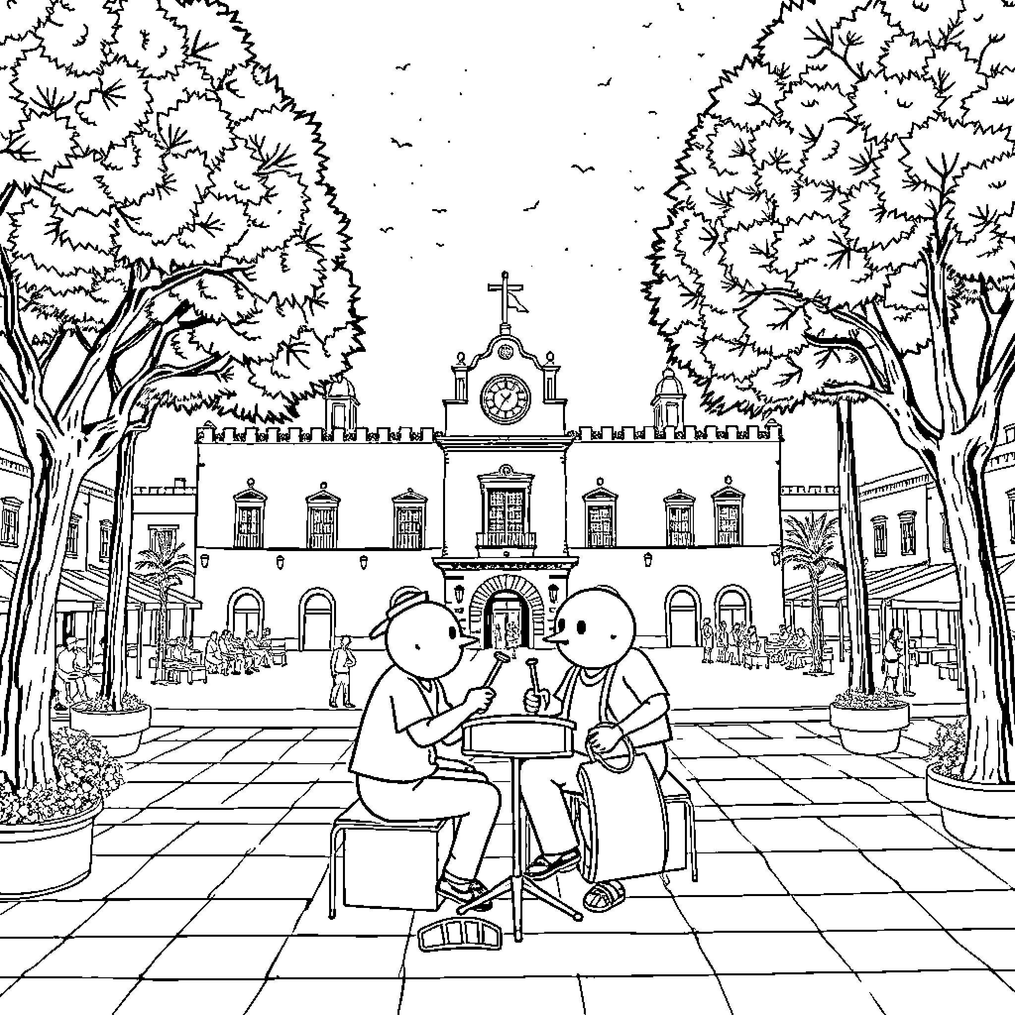 Smurfs enjoying a picnic in a town square Coloring Page (free black-and-white line drawing printable PDF for all, from beginners to advanced learners, including children, teens, adults, and seniors)