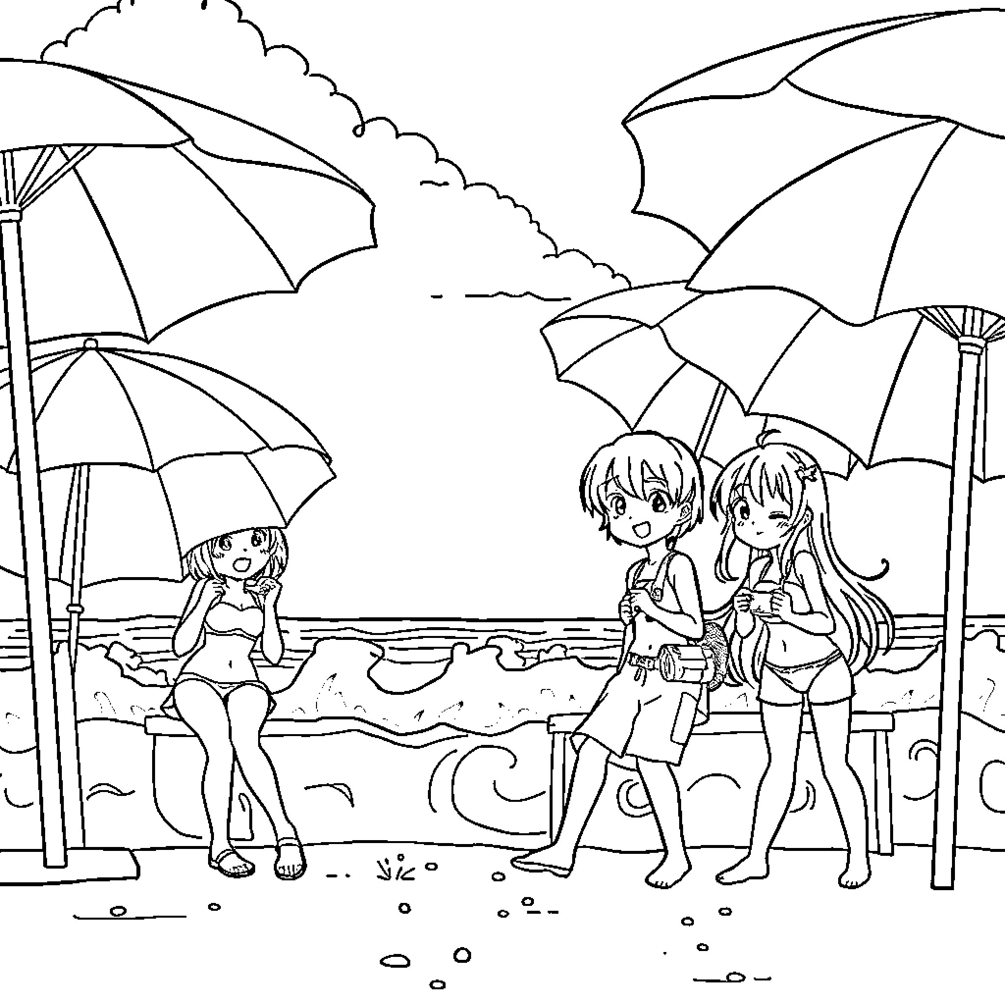 Anime group of friends enjoying beach day Coloring Page (free black-and-white line drawing printable PDF for all, from beginners to advanced learners, including children, teens, adults, and seniors)