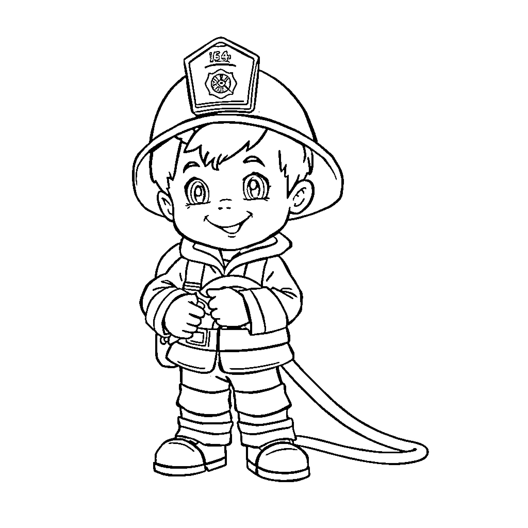 Firefighter in uniform holding a hose Coloring Page (free black-and-white line drawing printable PDF for all, from beginners to advanced learners, including children, teens, adults, and seniors)
