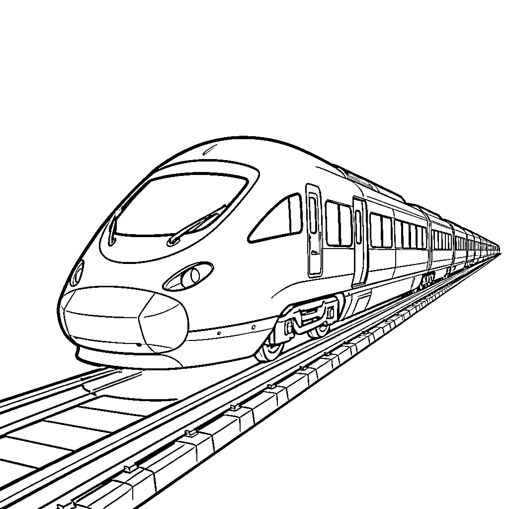Train speeding along tracks on a railway Coloring Page (free black-and-white line drawing printable PDF for all, from beginners to advanced learners, including children, teens, adults, and seniors)