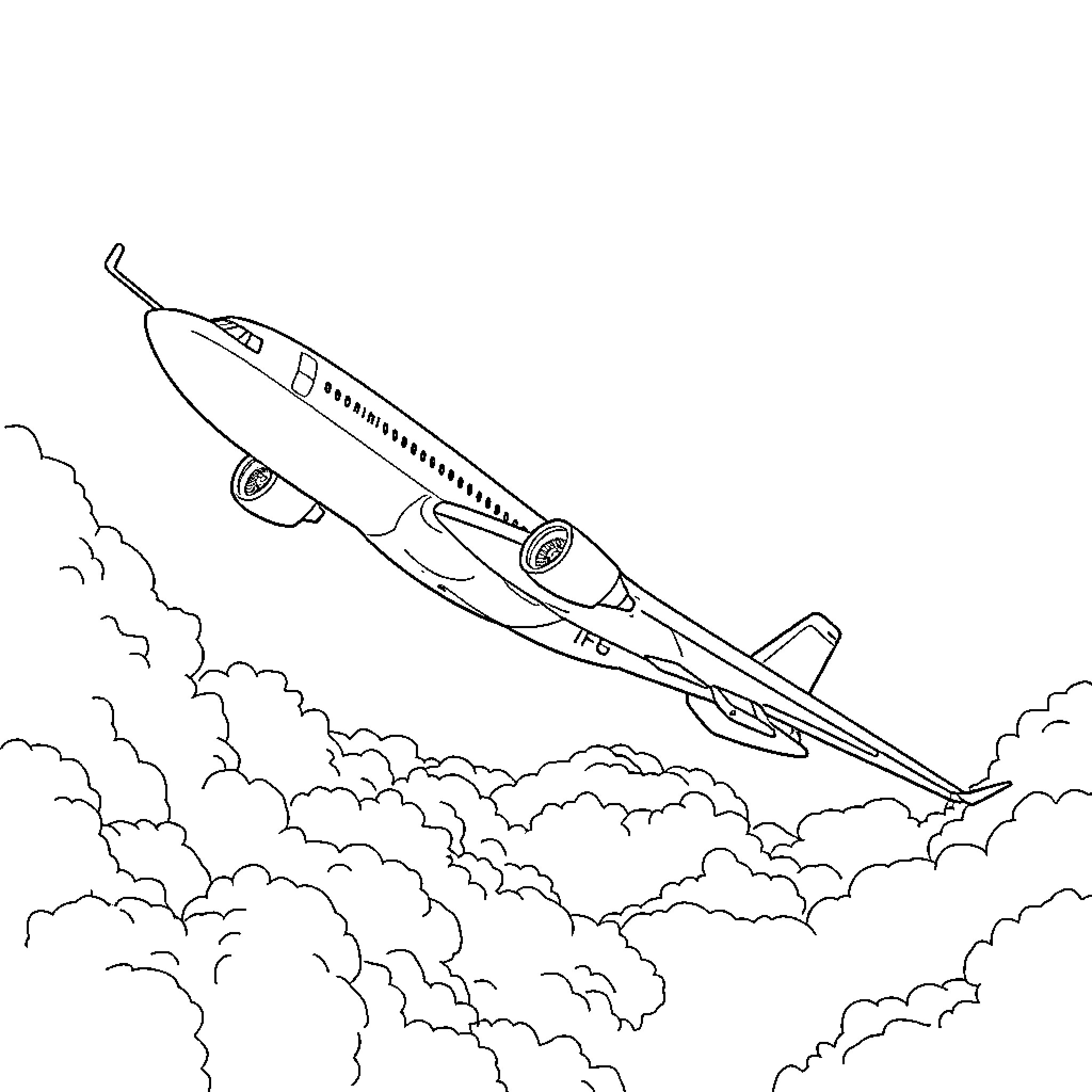 Airplane soaring through the cloudy skies Coloring Page (free black-and-white line drawing printable PDF for all, from beginners to advanced learners, including children, teens, adults, and seniors)