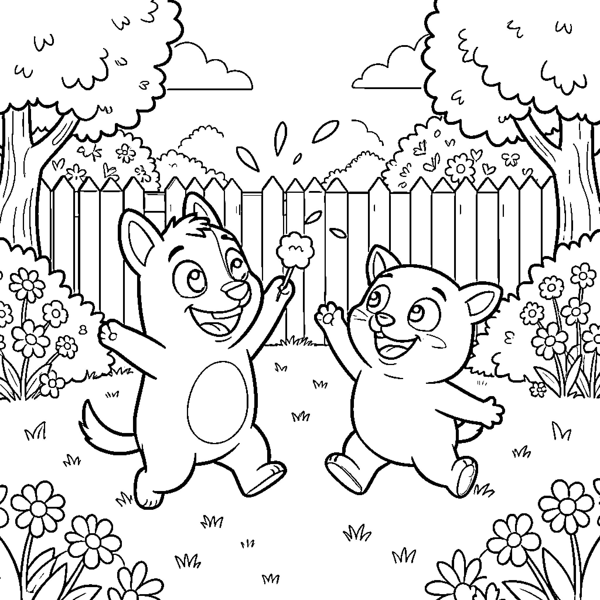 Bluey and friends explore the garden Coloring Page (free black-and-white line drawing printable PDF for all, from beginners to advanced learners, including children, teens, adults, and seniors)