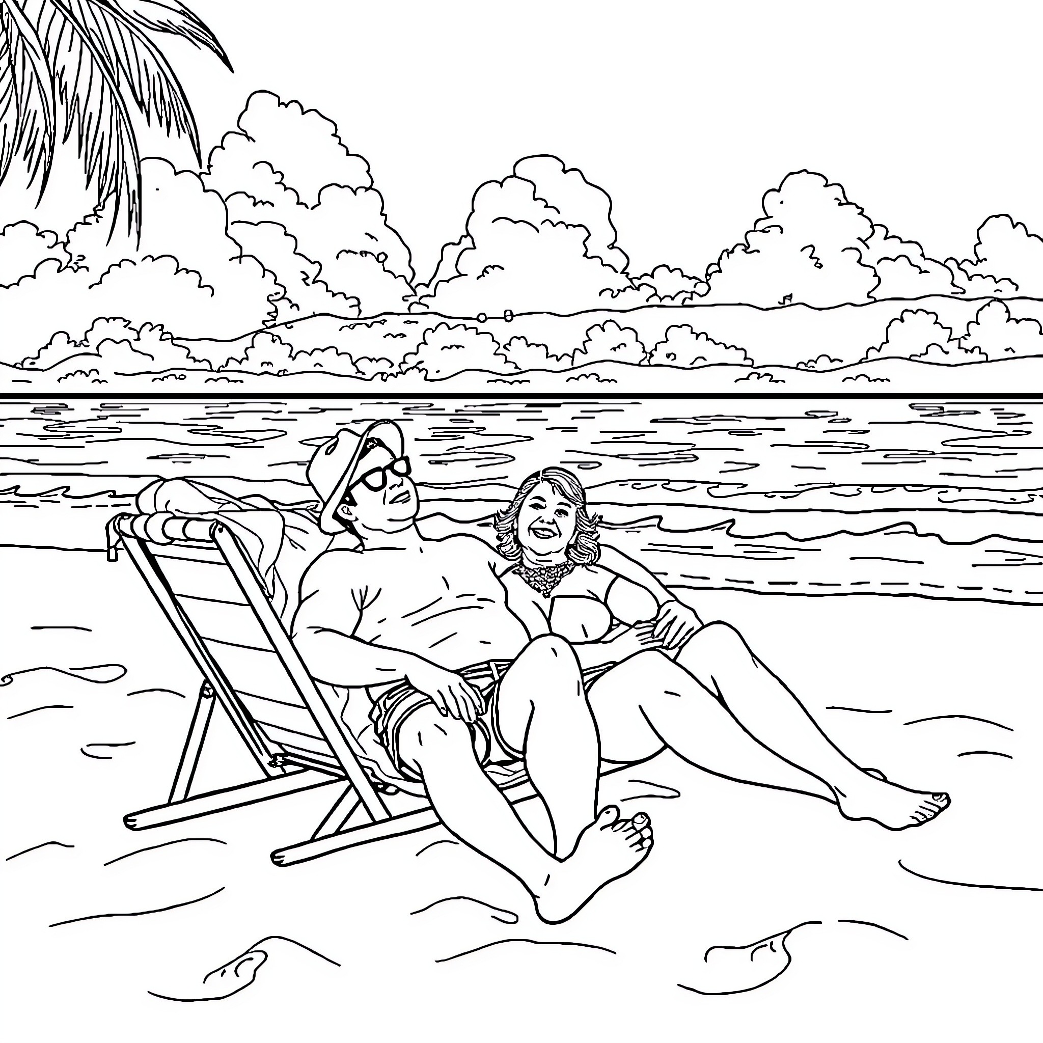 Couple relaxing on the beach Coloring Page (free black-and-white line drawing printable PDF for all, from beginners to advanced learners, including children, teens, adults, and seniors)