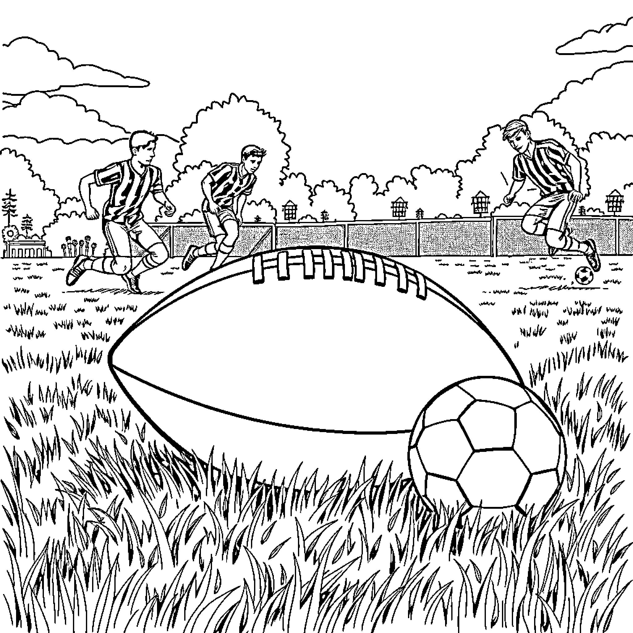 Football players in an outdoor sports match Coloring Page (free black-and-white line drawing printable PDF for all, from beginners to advanced learners, including children, teens, adults, and seniors)