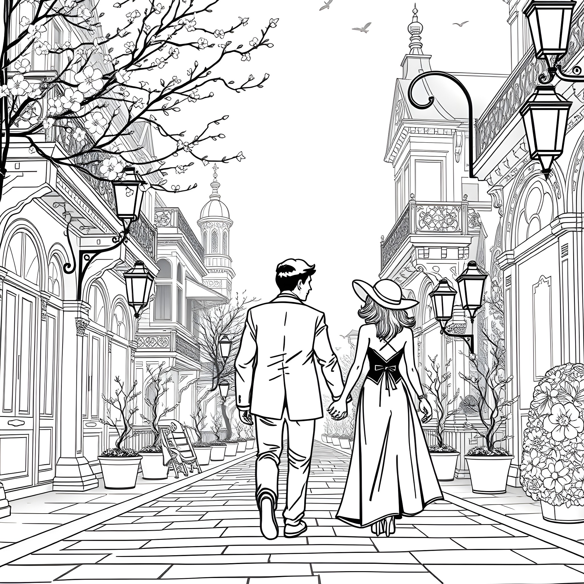 Couple strolling through a charming city street Coloring Page (free black-and-white line drawing printable PDF for all, from beginners to advanced learners, including children, teens, adults, and seniors)