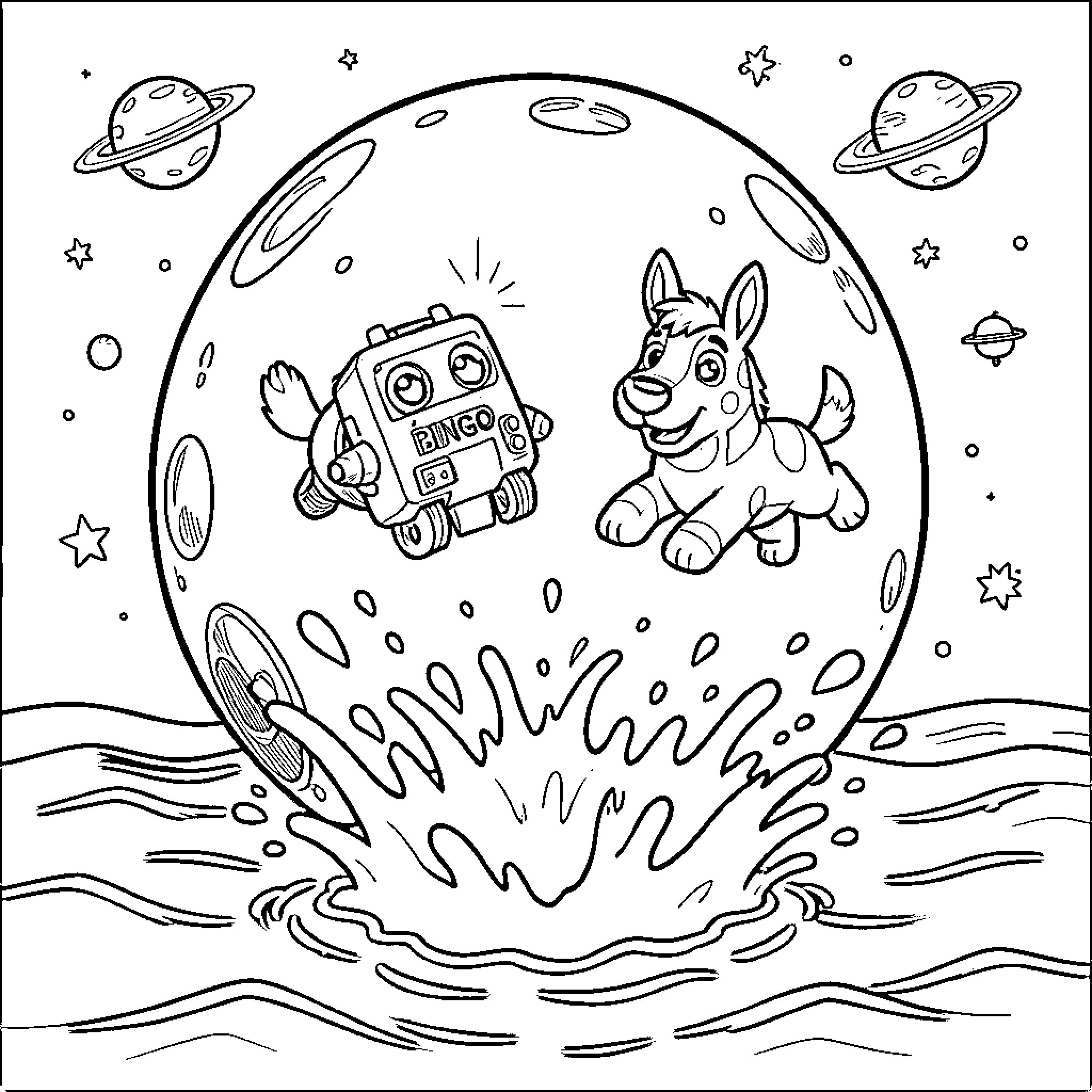 Bingo's Cosmic Adventure Coloring Page (free black-and-white line drawing printable PDF for all, from beginners to advanced learners, including children, teens, adults, and seniors)
