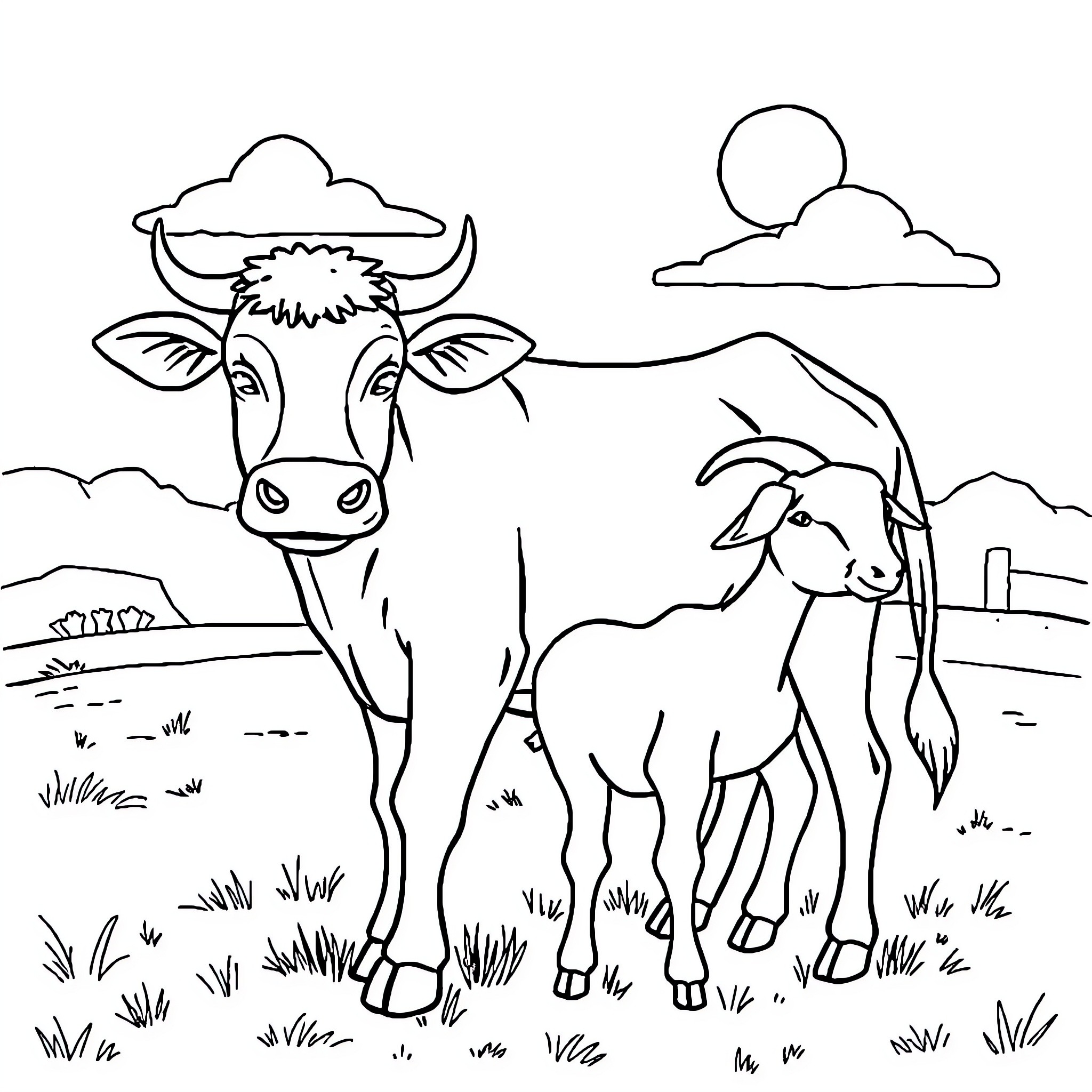 Cow and Goat Enjoying the Countryside Coloring Page (free black-and-white line drawing printable PDF for all, from beginners to advanced learners, including children, teens, adults, and seniors)