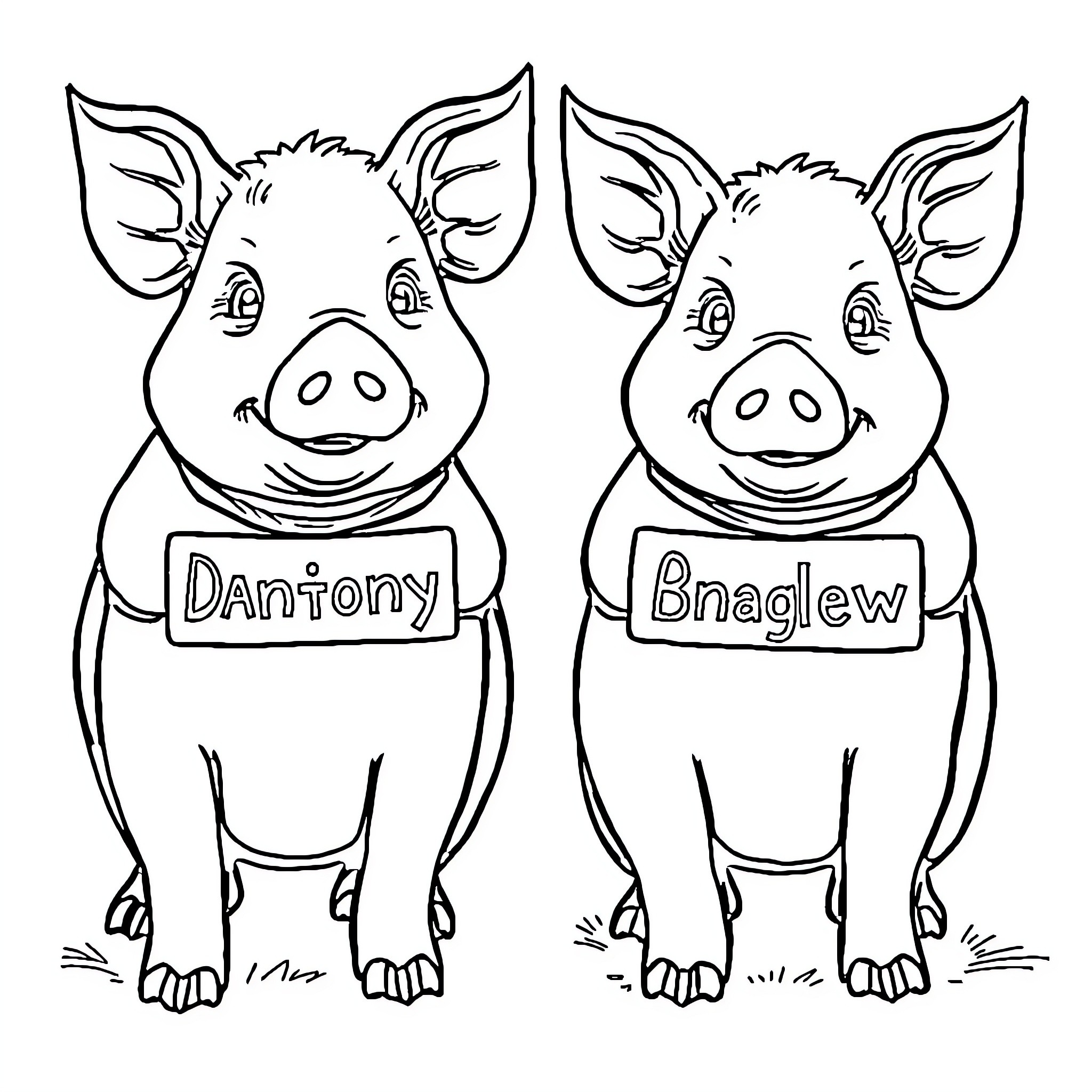 Pigs with Personalized Signs Coloring Page (free black-and-white line drawing printable PDF for all, from beginners to advanced learners, including children, teens, adults, and seniors)