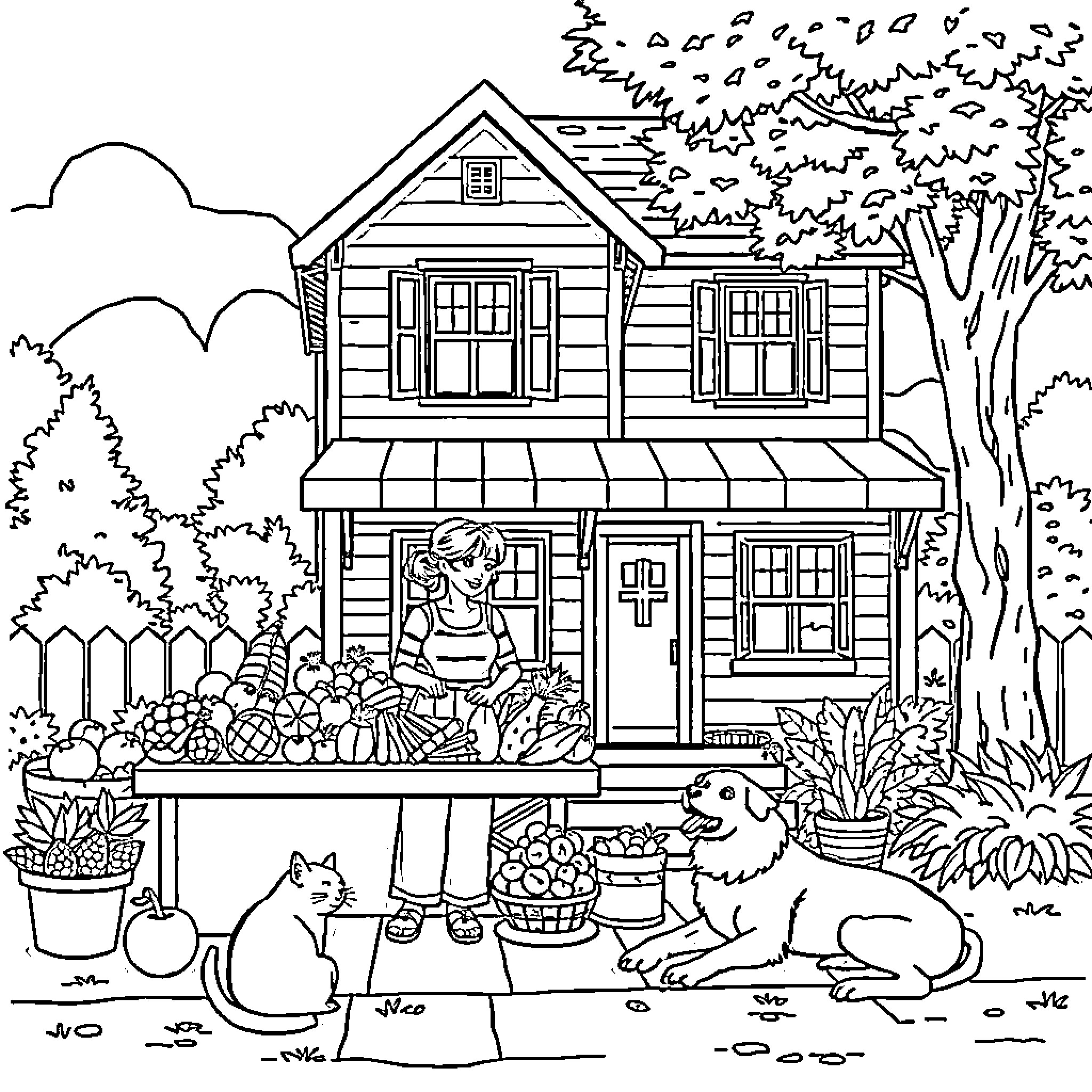 Mother tending to her garden with pets Coloring Page (free black-and-white line drawing printable PDF for all, from beginners to advanced learners, including children, teens, adults, and seniors)