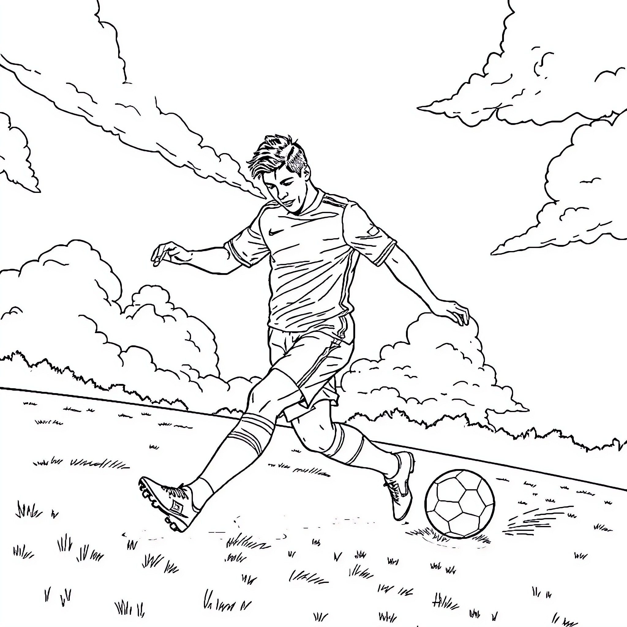 Ronaldo playing soccer in the clouds Coloring Page (free black-and-white line drawing printable PDF for all, from beginners to advanced learners, including children, teens, adults, and seniors)