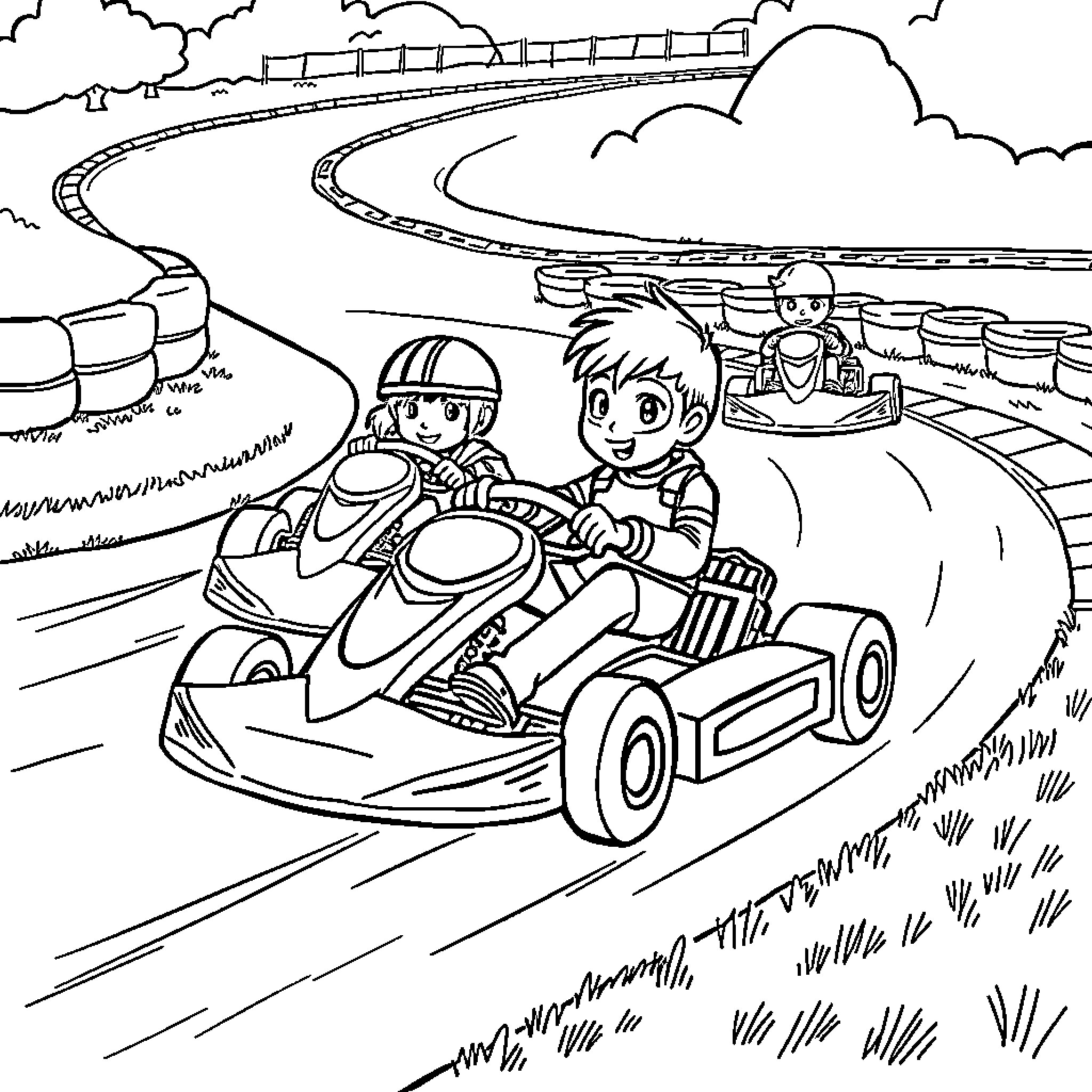 Kid riding go-karts with friend on racetrack Coloring Page (free black-and-white line drawing printable PDF for all, from beginners to advanced learners, including children, teens, adults, and seniors)