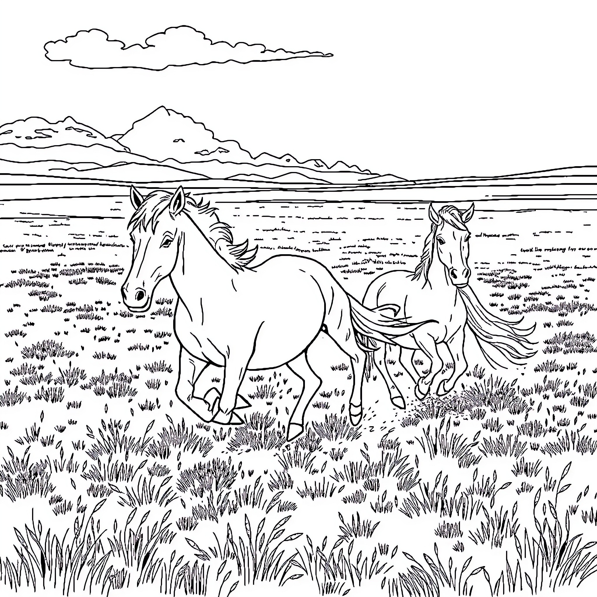 Horses galloping through a grassy meadow Coloring Page (free black-and-white line drawing printable PDF for all, from beginners to advanced learners, including children, teens, adults, and seniors)