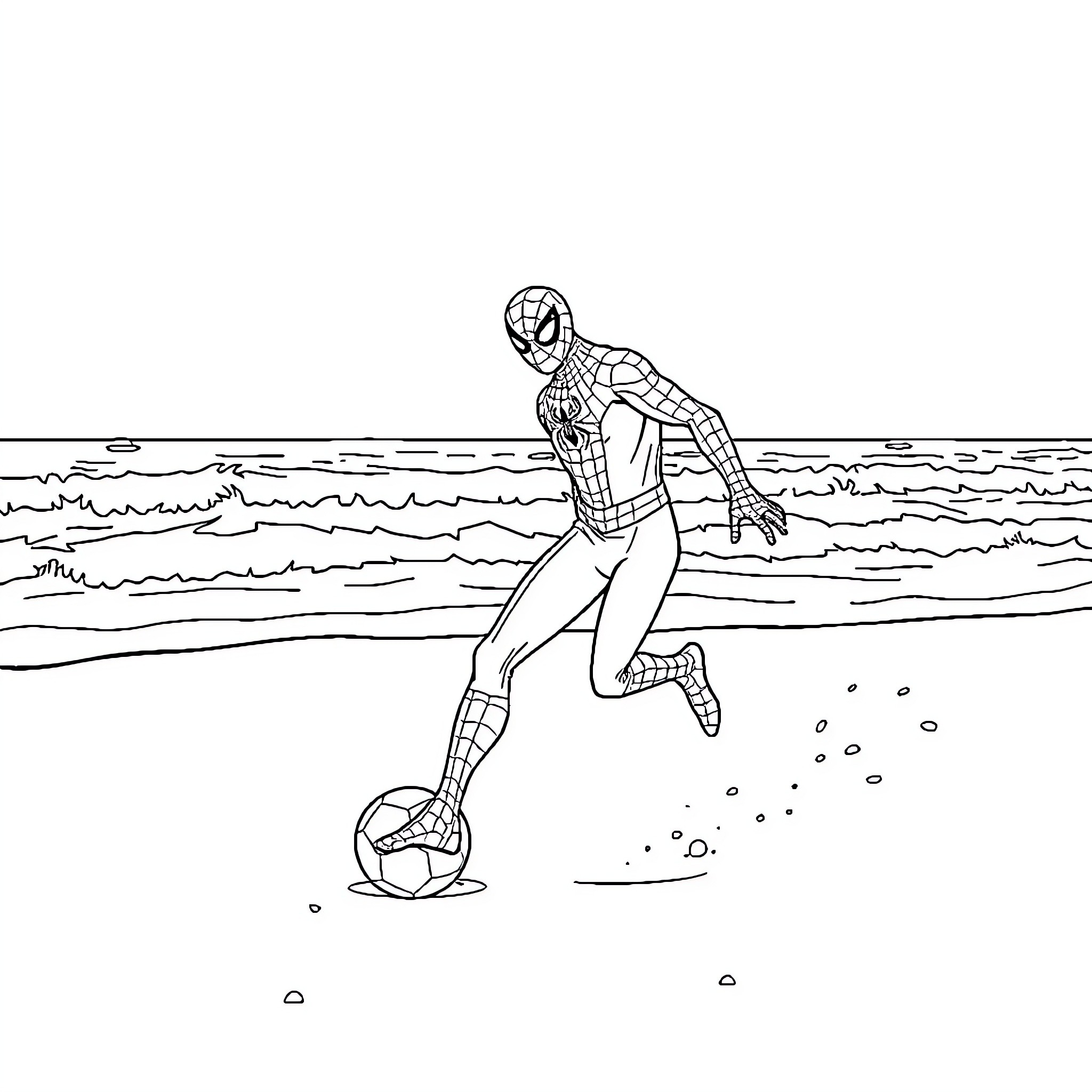 Spiderman playing soccer on the beach Coloring Page (free black-and-white line drawing printable PDF for all, from beginners to advanced learners, including children, teens, adults, and seniors)
