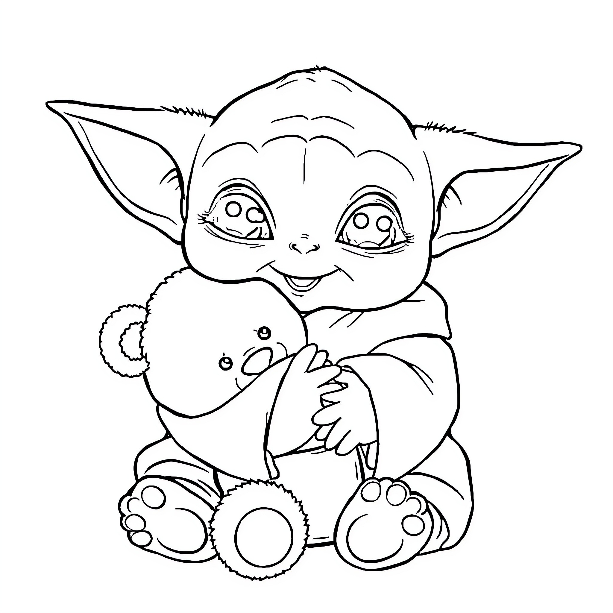 Baby Yoda Cuddling Adorable Companion Coloring Page (free black-and-white line drawing printable PDF for all, from beginners to advanced learners, including children, teens, adults, and seniors)