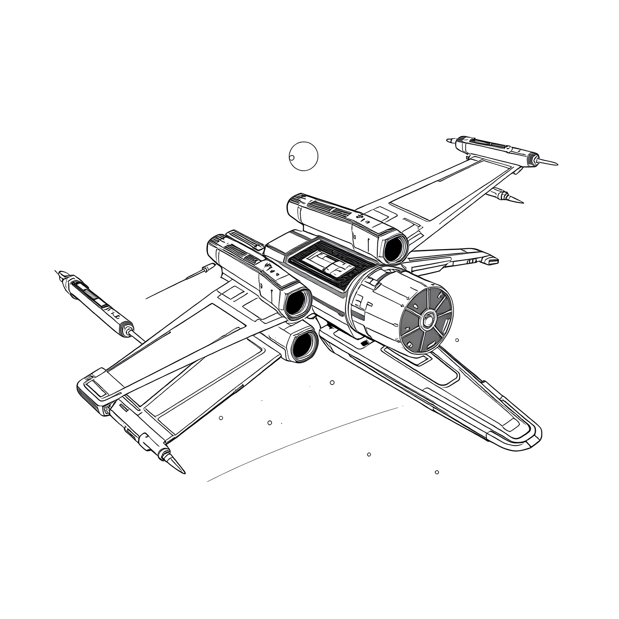Xwing starfighter in flight formation Coloring Page (free black-and-white line drawing printable PDF for all, from beginners to advanced learners, including children, teens, adults, and seniors)