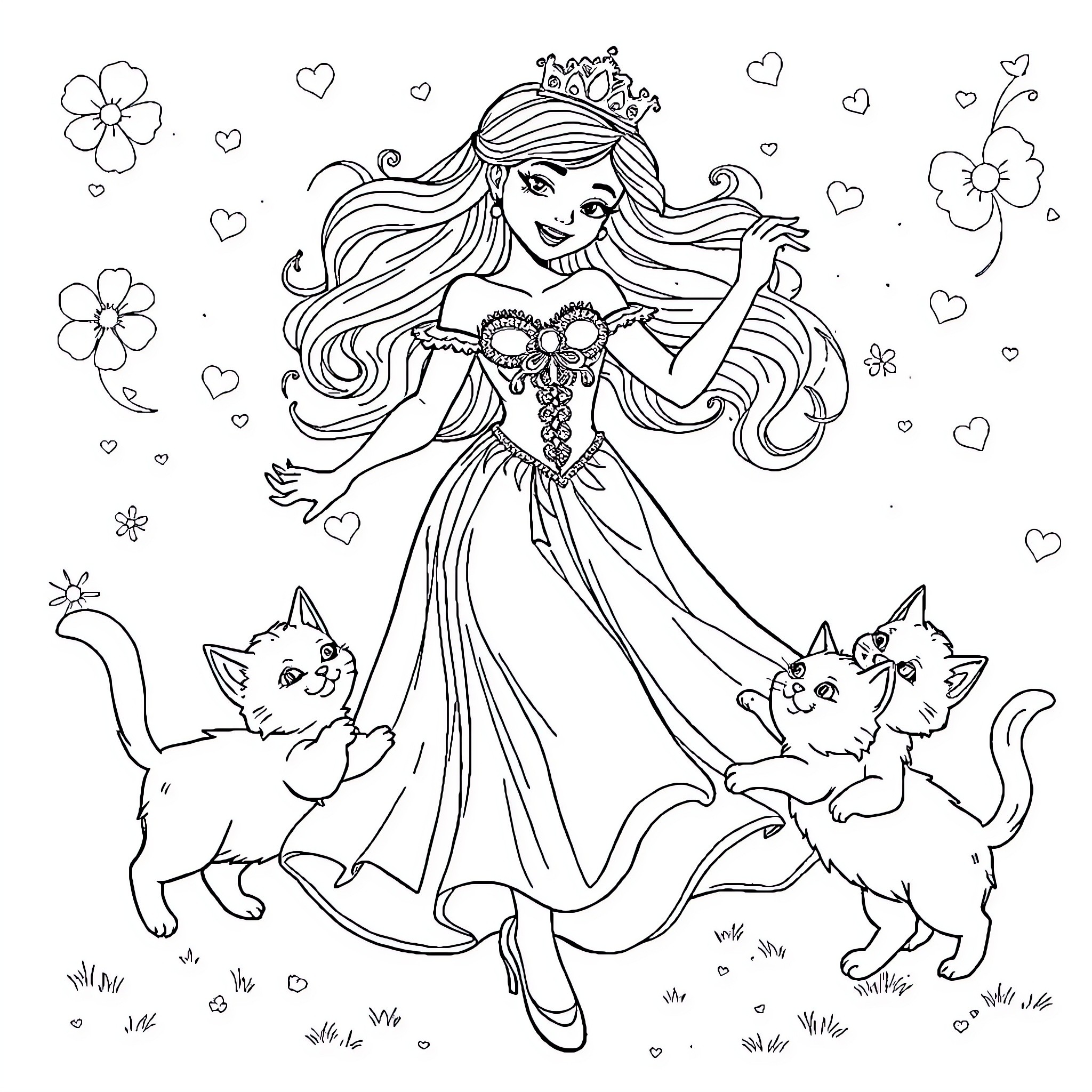 Princess in a Whimsical Fairytale Scene Coloring Page (free black-and-white line drawing printable PDF for all, from beginners to advanced learners, including children, teens, adults, and seniors)