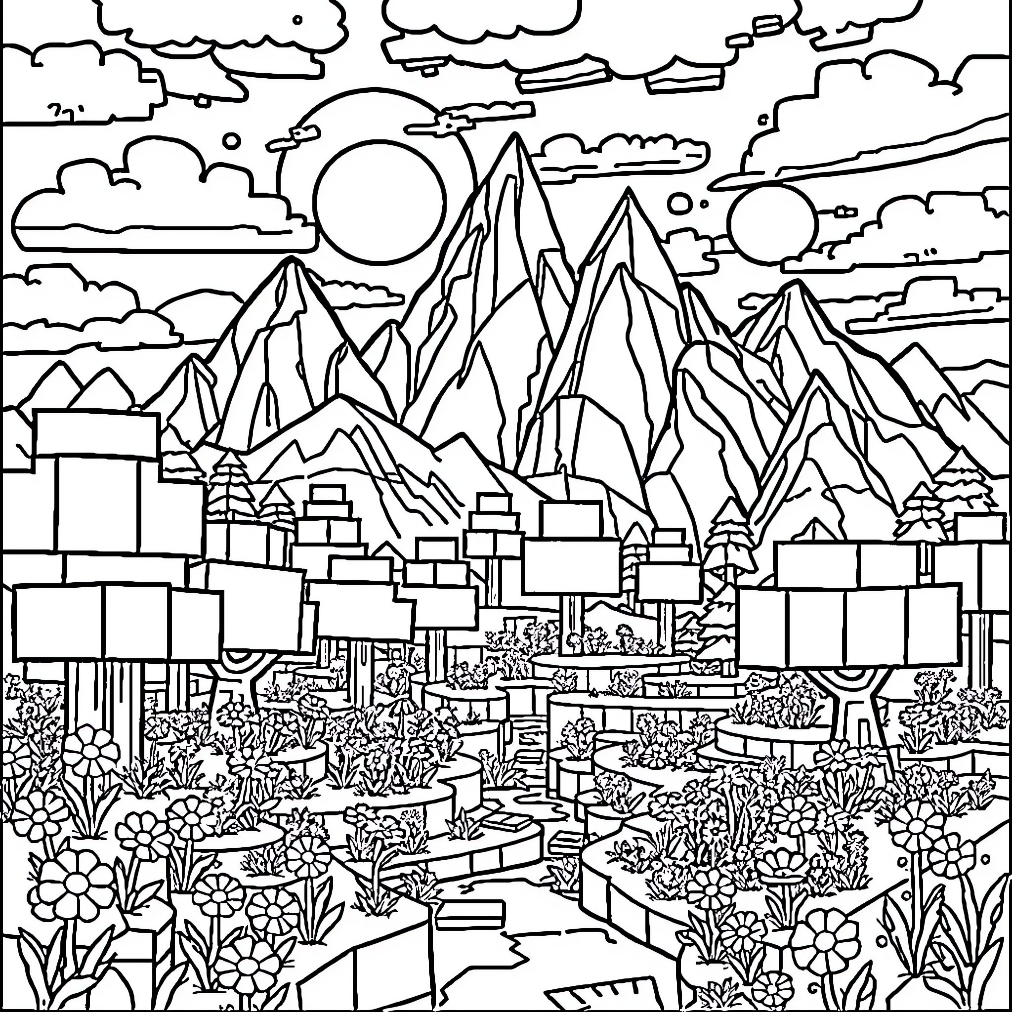 Minecraft Landscape with Mountains and Vegetation Coloring Page (free black-and-white line drawing printable PDF for all, from beginners to advanced learners, including children, teens, adults, and seniors)