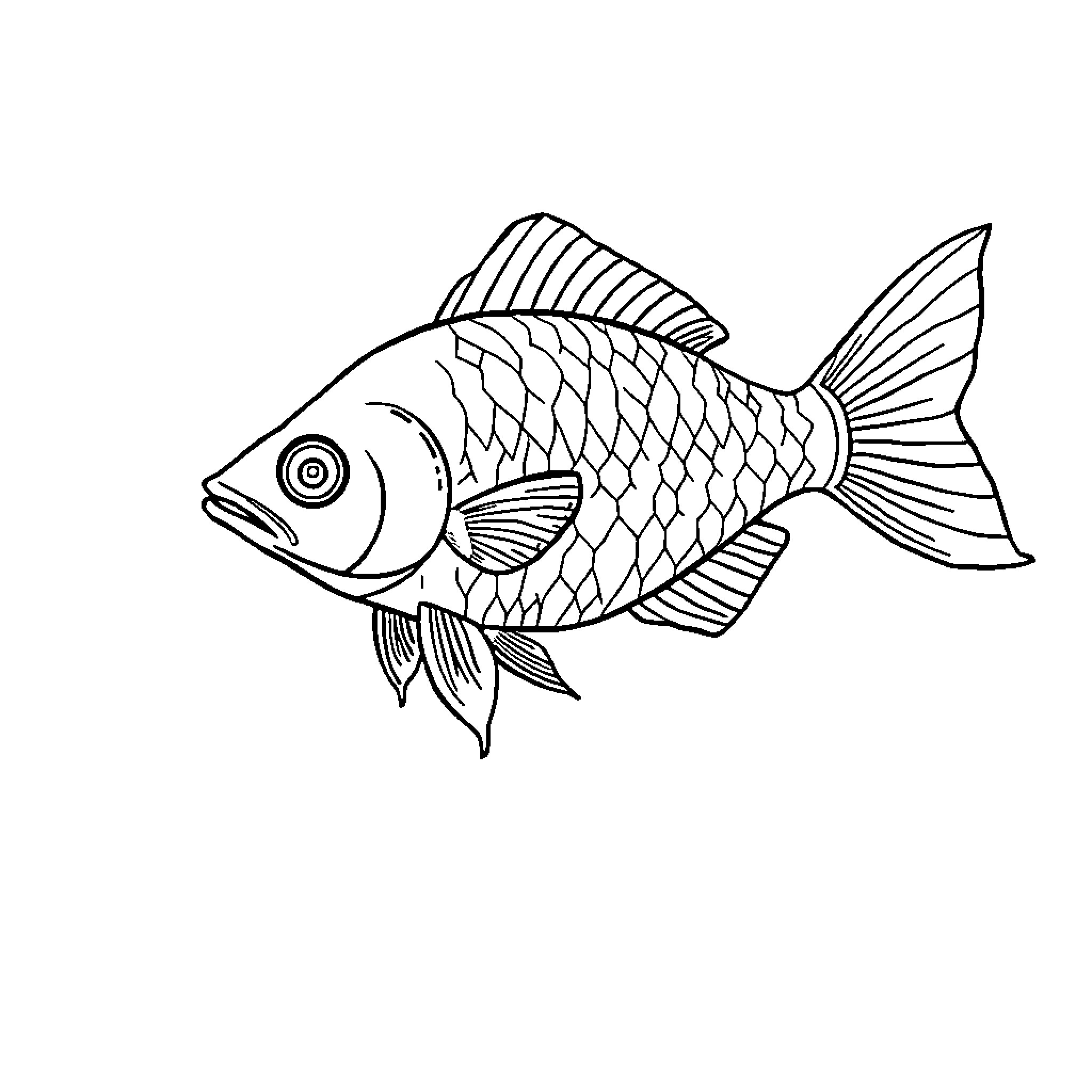 Goldfish swimming with detailed fins Coloring Page (free black-and-white line drawing printable PDF for all, from beginners to advanced learners, including children, teens, adults, and seniors)