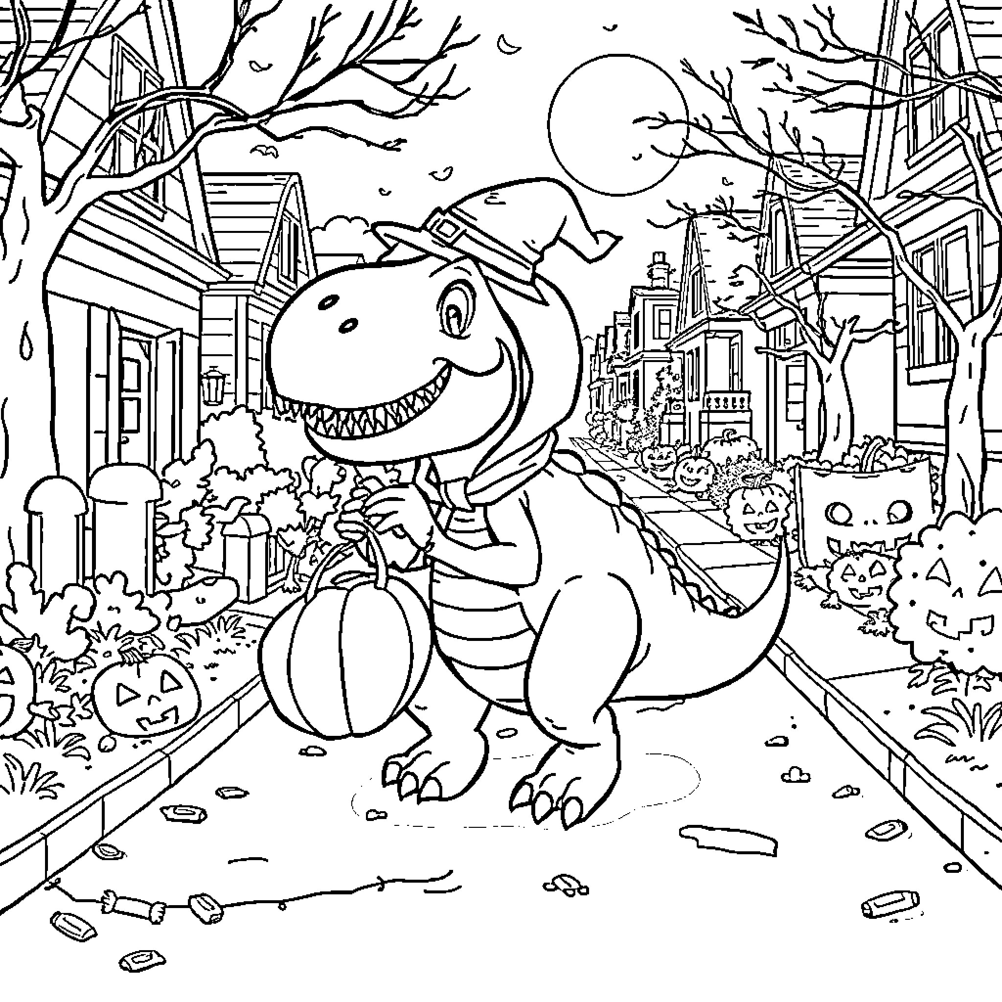 Dinosaur in a Spooky Halloween Town Coloring Page (free black-and-white line drawing printable PDF for all, from beginners to advanced learners, including children, teens, adults, and seniors)