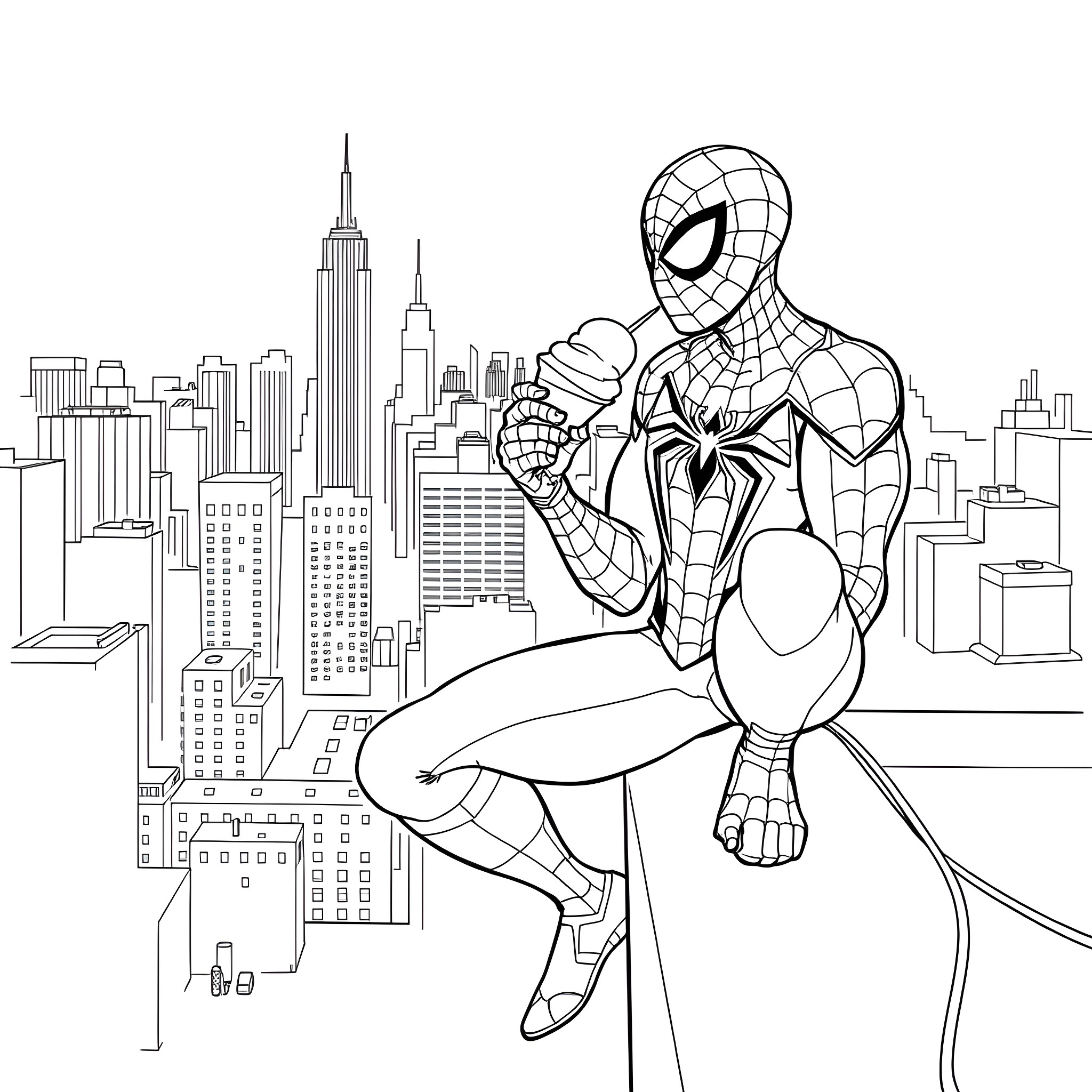 Spiderman swinging through the city skyline Coloring Page (free black-and-white line drawing printable PDF for all, from beginners to advanced learners, including children, teens, adults, and seniors)