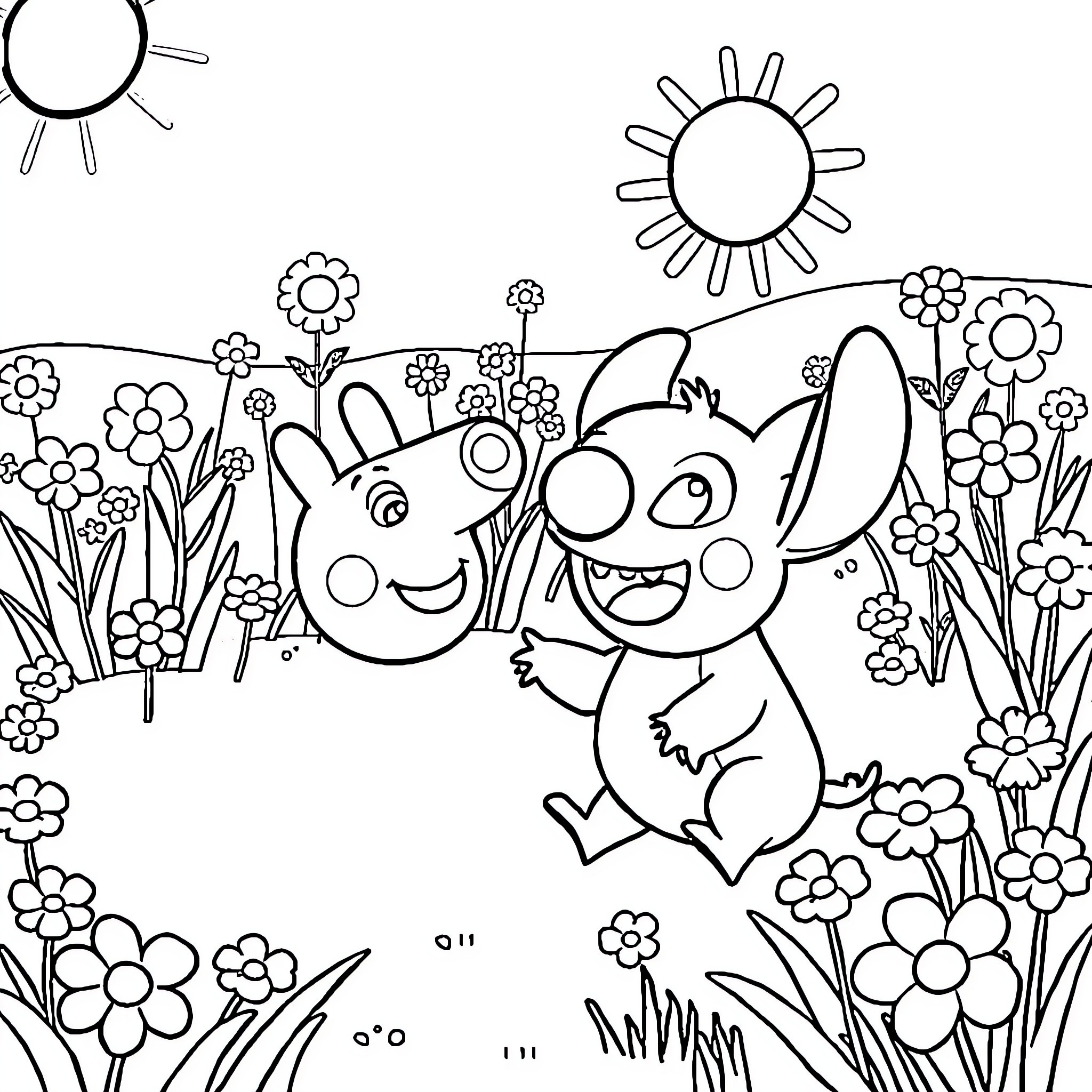 Peppa Pig and friends playing happily in a floral field Coloring Page (free black-and-white line drawing printable PDF for all, from beginners to advanced learners, including children, teens, adults, and seniors)