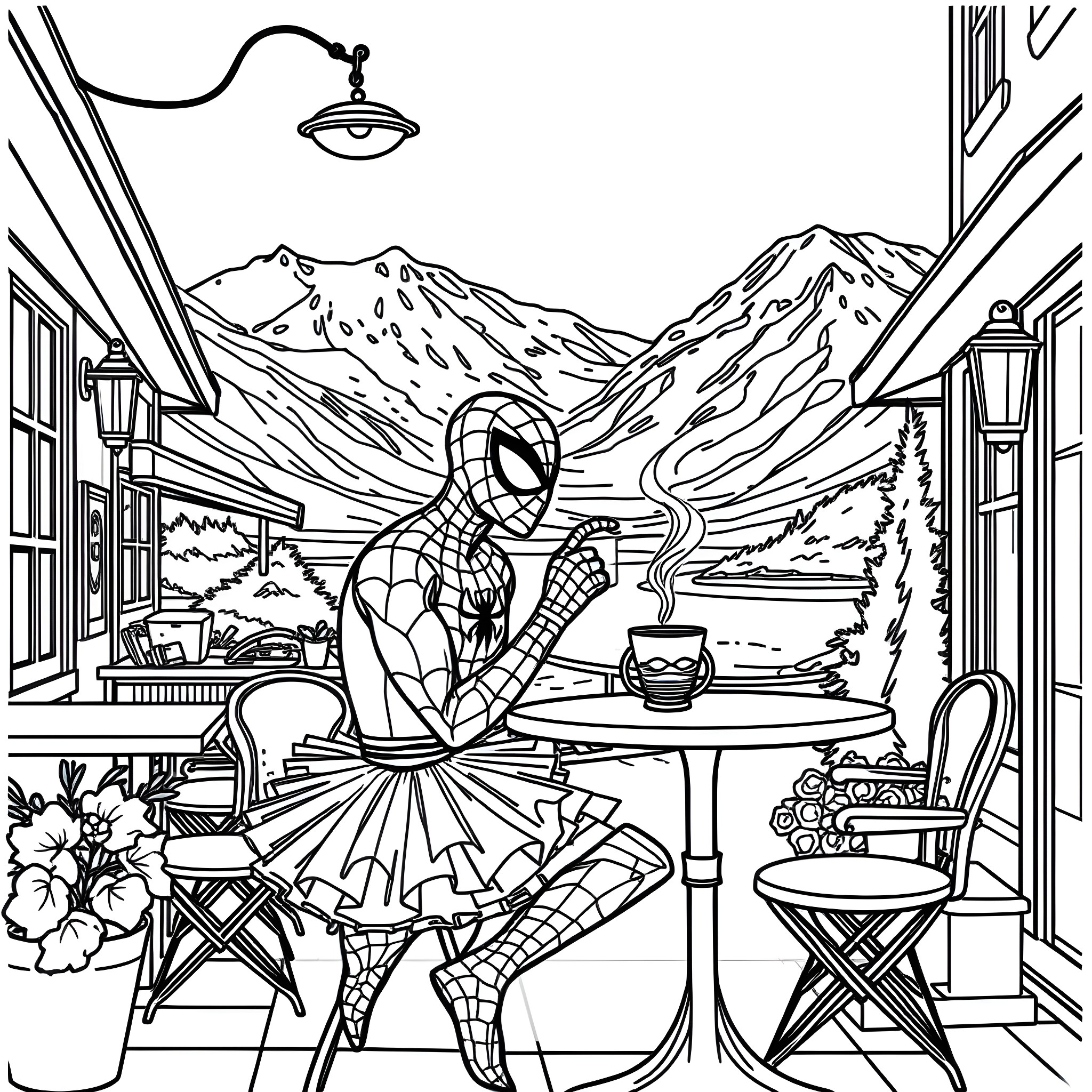 Spiderman enjoying a hot drink in a cozy mountain cabin Coloring Page (free black-and-white line drawing printable PDF for all, from beginners to advanced learners, including children, teens, adults, and seniors)