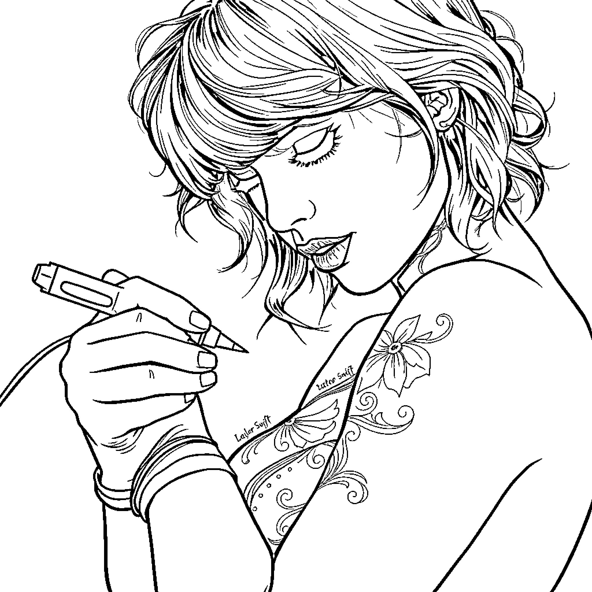 Tattoo Artist Concentrating on Intricate Tattoo Design Coloring Page (free black-and-white line drawing printable PDF for all, from beginners to advanced learners, including children, teens, adults, and seniors)