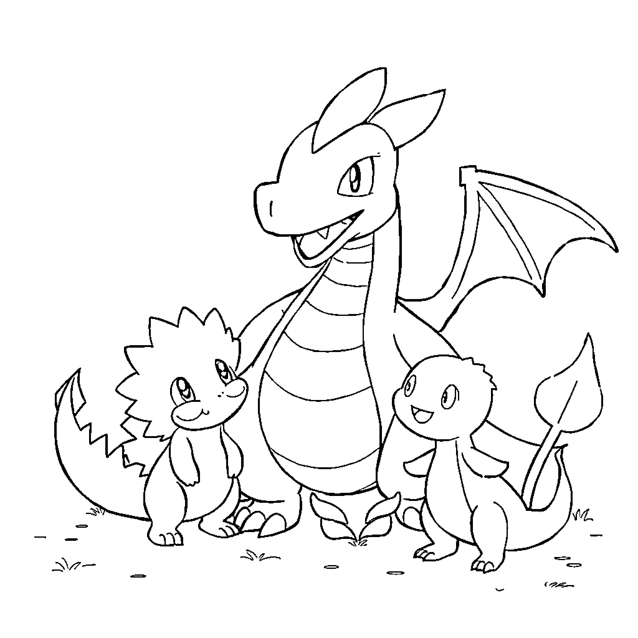 Dracaufeu and its Pokemon companions Coloring Page (free black-and-white line drawing printable PDF for all, from beginners to advanced learners, including children, teens, adults, and seniors)