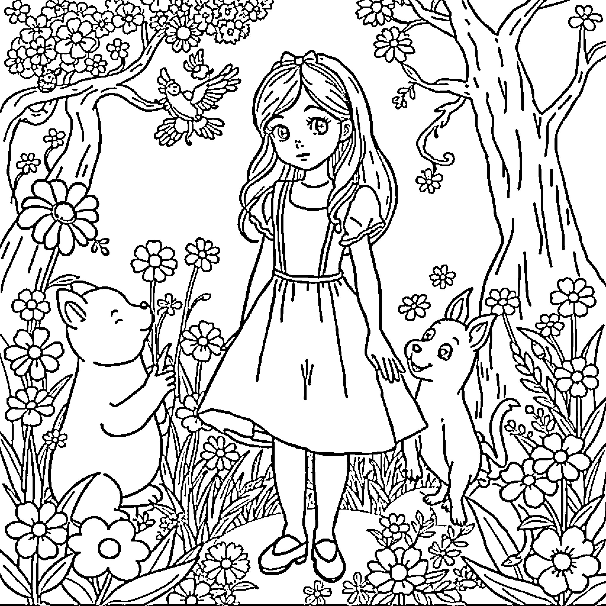 Alice among flowers and forest friends Coloring Page (free black-and-white line drawing printable PDF for all, from beginners to advanced learners, including children, teens, adults, and seniors)